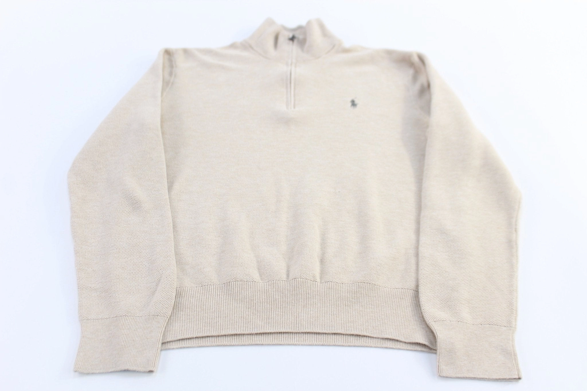 Polo Ralph Lauren Embroidered Logo Tan Quarter Zip Sweater Unique school wear
