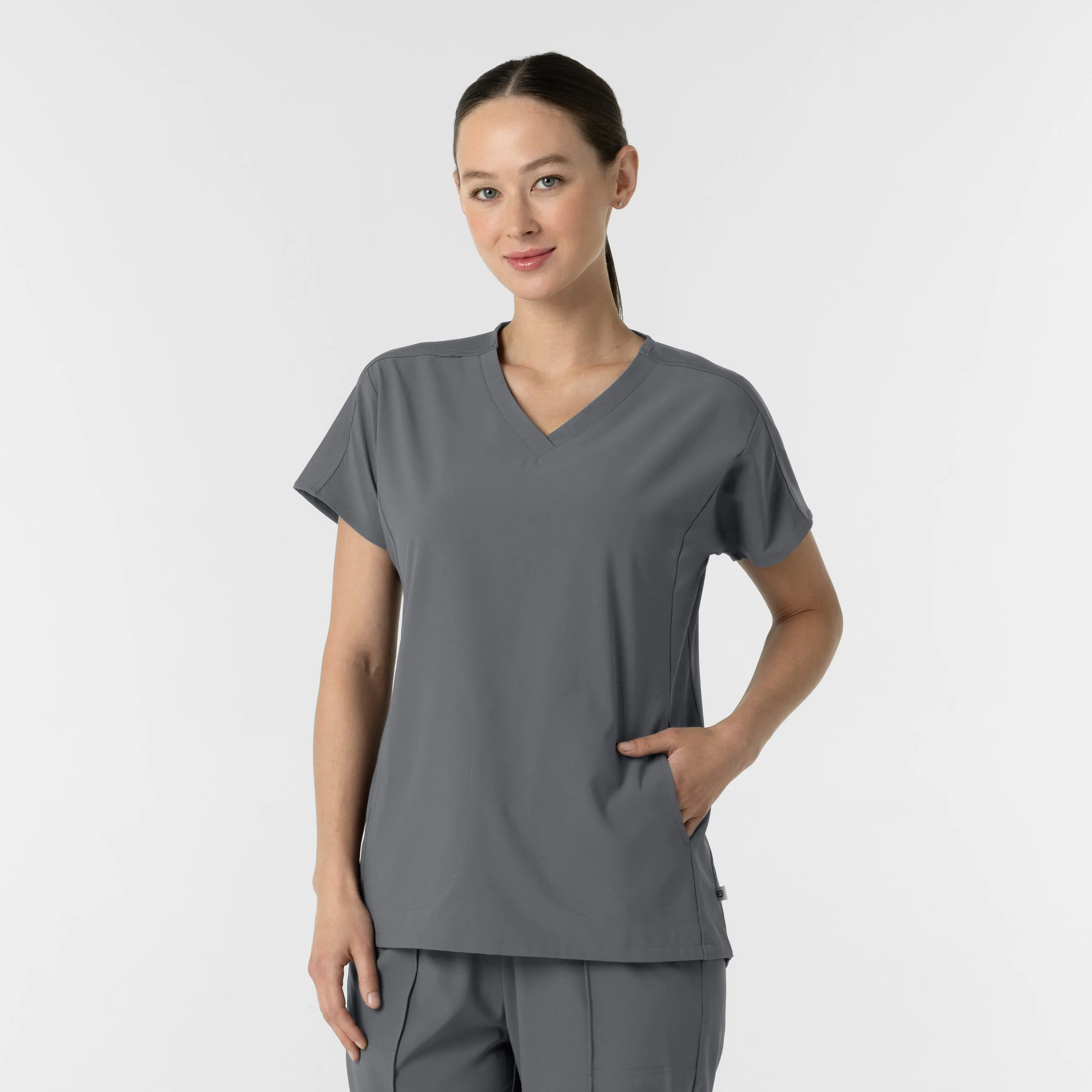 RENEW Women's V-Neck Tunic Scrub Top - Pewter Compression Gradient GarmentWashed Texture