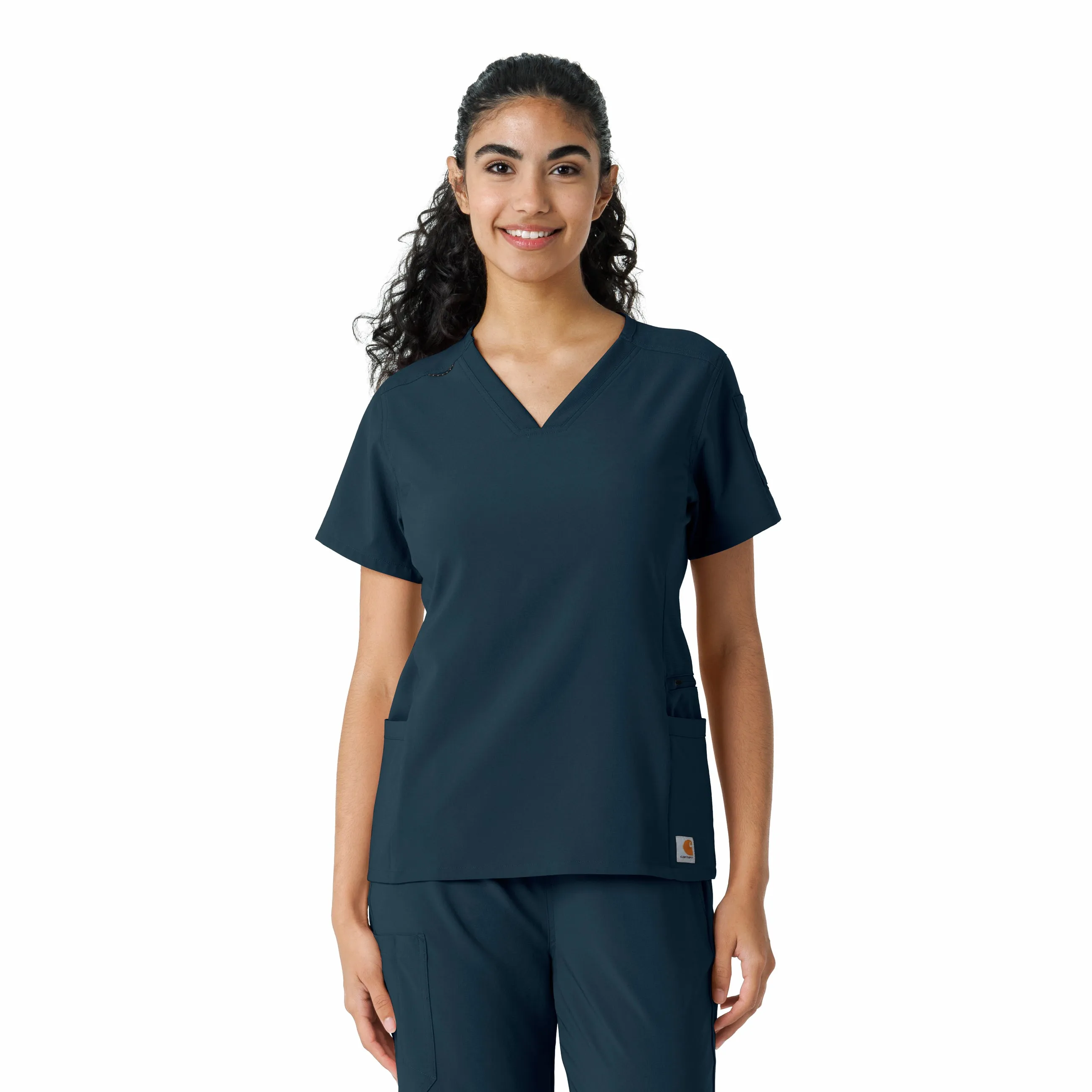 Reinforced Elbow Patches AntiMicrobialLining Carhartt Force Cross-Flex Women's Knit Panel Scrub Top - Deep Navy