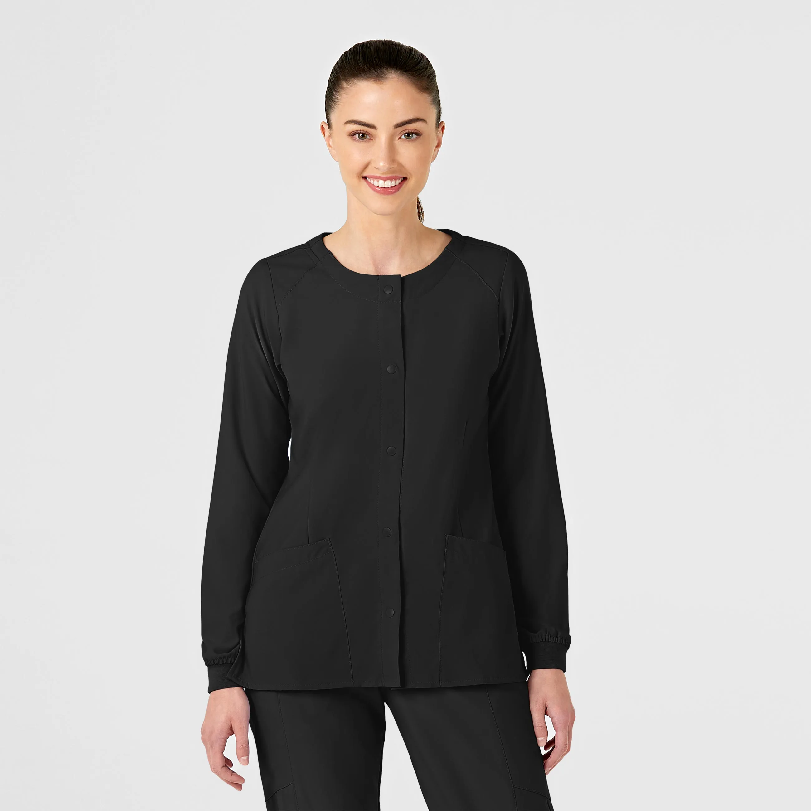 W123 Women's Crew Neck Warm Up Scrub Jacket - Black Hydrophobic Threadwork