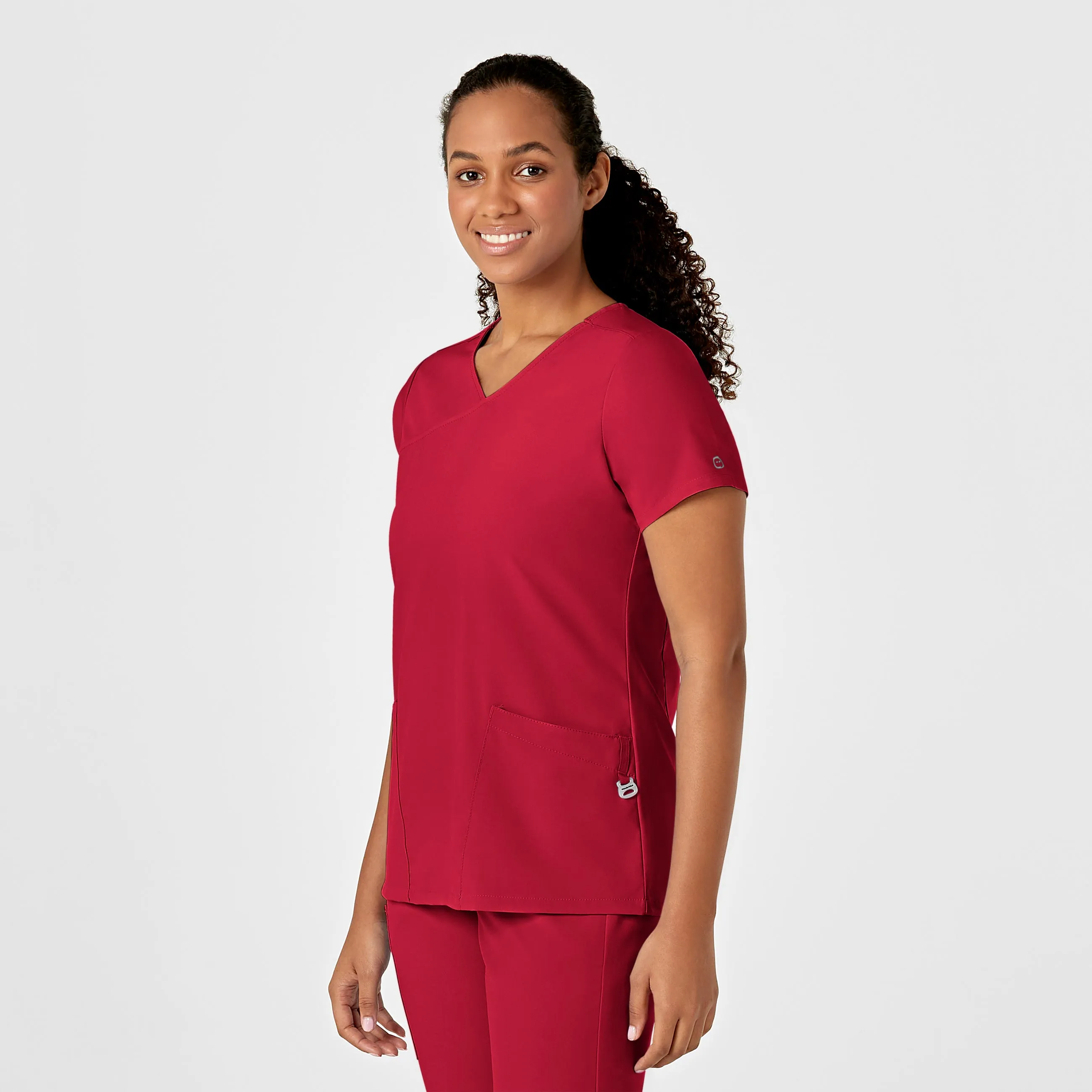 W123 Women's Y-Neck Wrap Scrub Top - Red Odor Resistant Technology Anti Slip Shoulder Padding