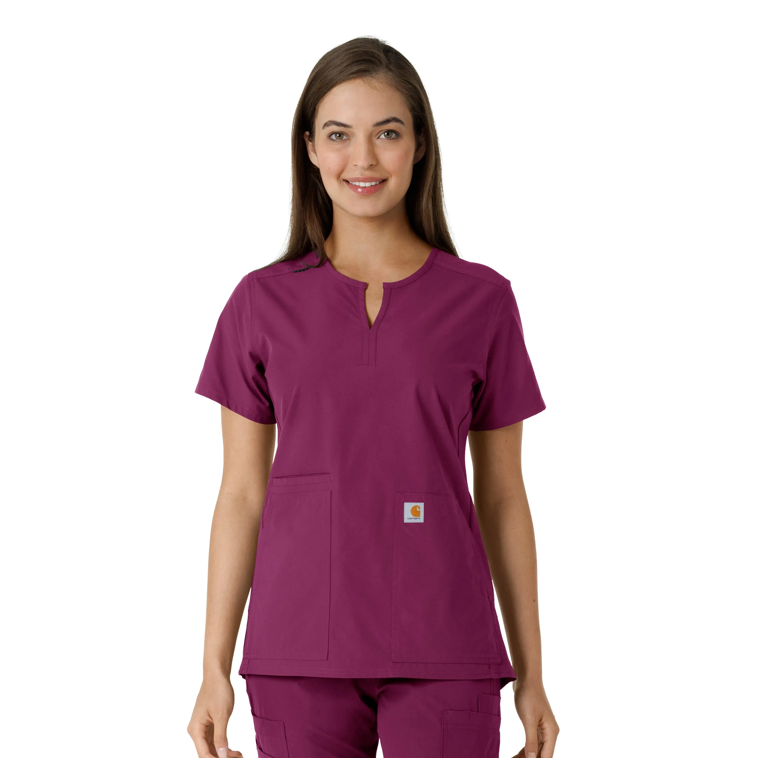V-neck Shirt Ribbed Knit Fabric Carhartt Force Essentials Women's Notch Neck Tunic Knit Panel Scrub Top - Wine