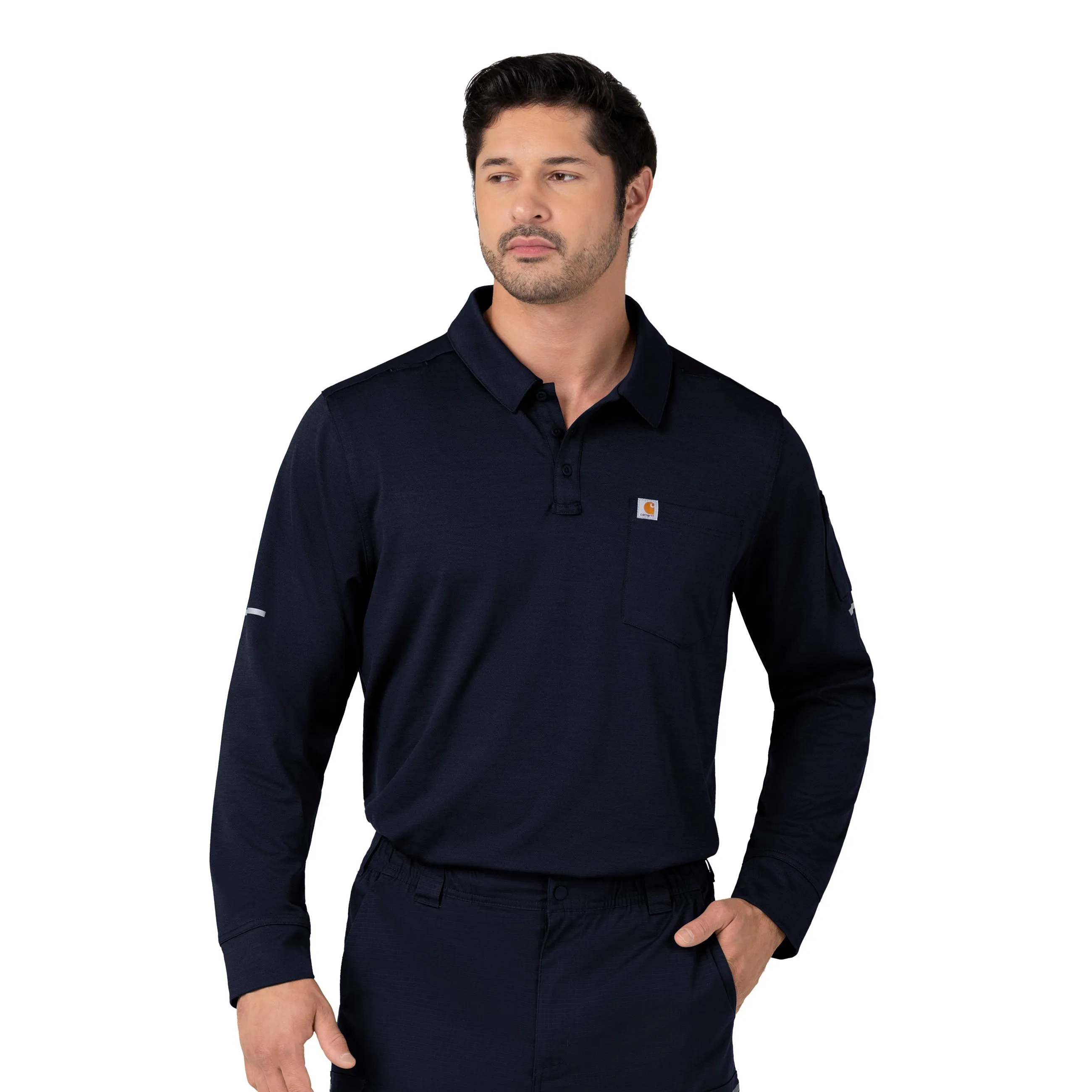 NonIrritatingTags Carhartt Rugged Flex RSCU Men's Heavyweight Long Sleeve Polo Scrub Top - Dark Navy