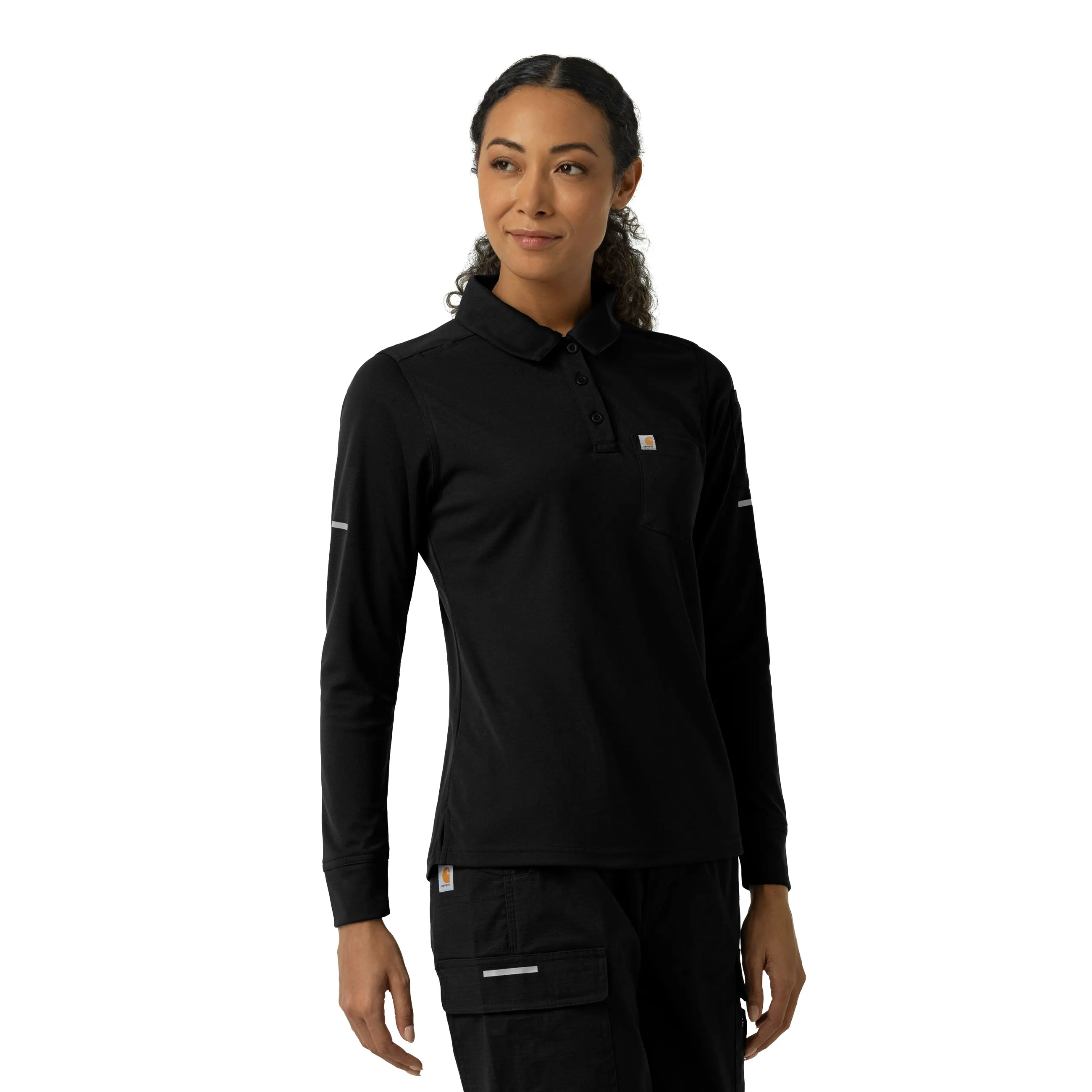 Carhartt Rugged Flex RSCU Women's Heavyweight Long Sleeve Polo Scrub Top - Black Odor Resistant Technology
