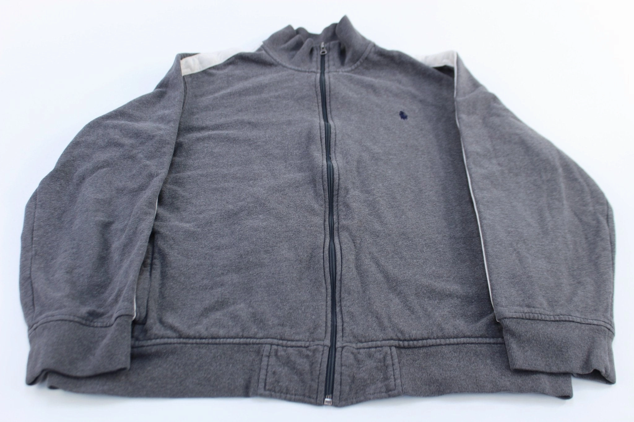 Polo by Ralph Lauren Grey & White Striped Full Zip Sweater Travel Friendly All Season Wear