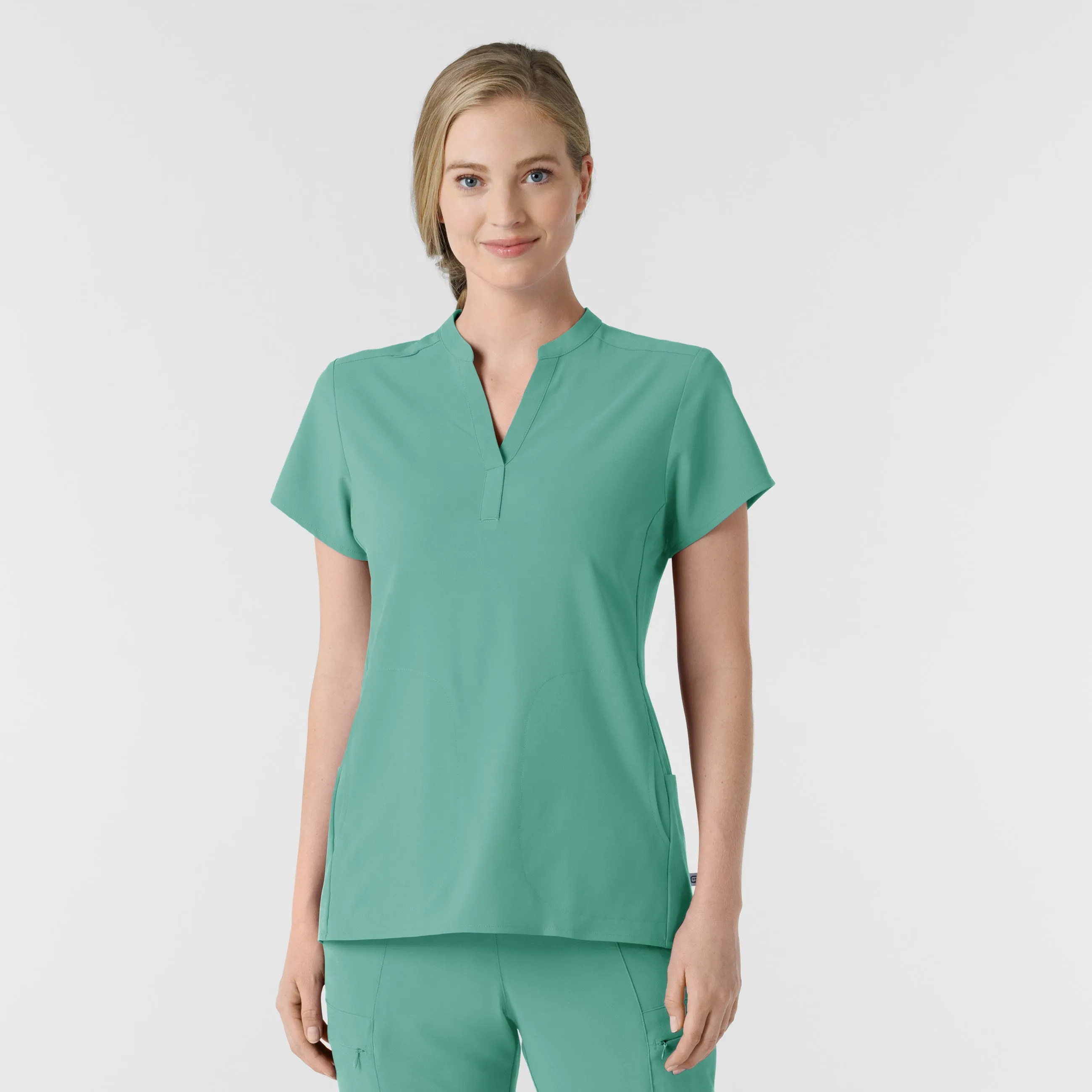 RENEW Women's Mandarin Collar Scrub Top - Turquoise Fashionable Shirt DoubleLayeredCollar