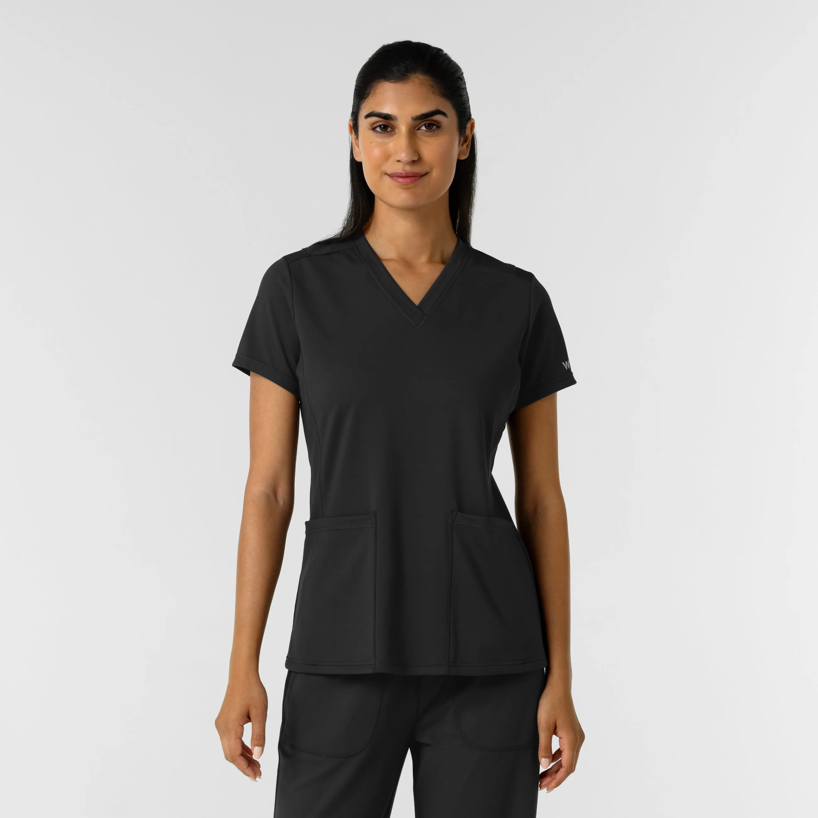 Yarn Dyed Pattern Cloth RENEW Knit Women's 2-Pocket Scrub Top - Black
