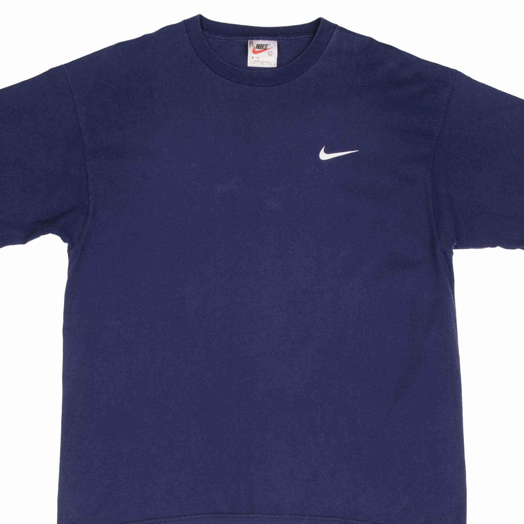 VINTAGE NIKE NAVY CLASSIC SWOOSH BACK PRINT TEE SHIRT 1990S LARGE MADE IN USA Classic Comfort Style Casual Fit