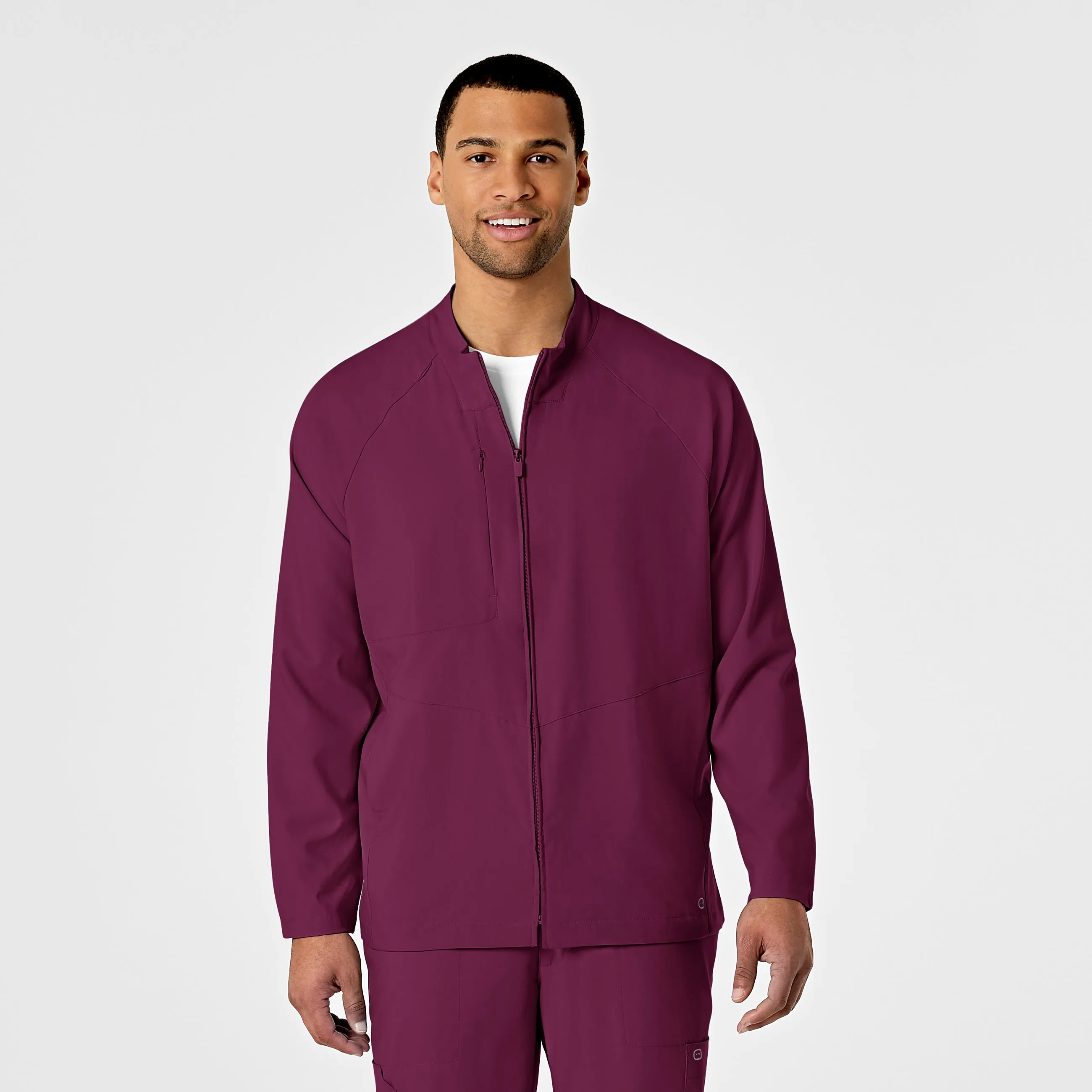 W123 Mens Zip Front Warm Up Scrub Jacket - Wine DroppedShoulder