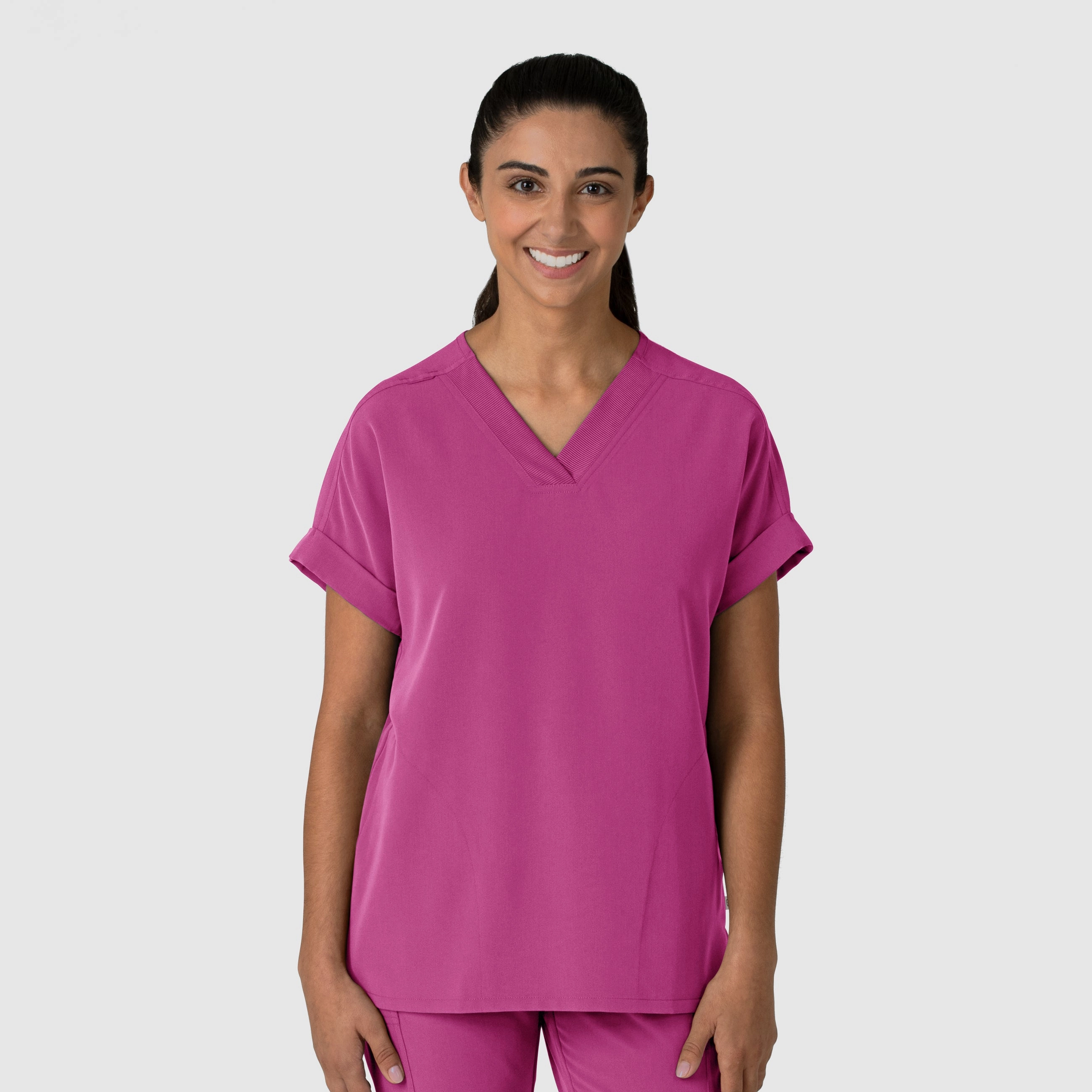 Oversized Collar Nova Women's Drop Shoulder Boxy Scrub Top - Raspberry