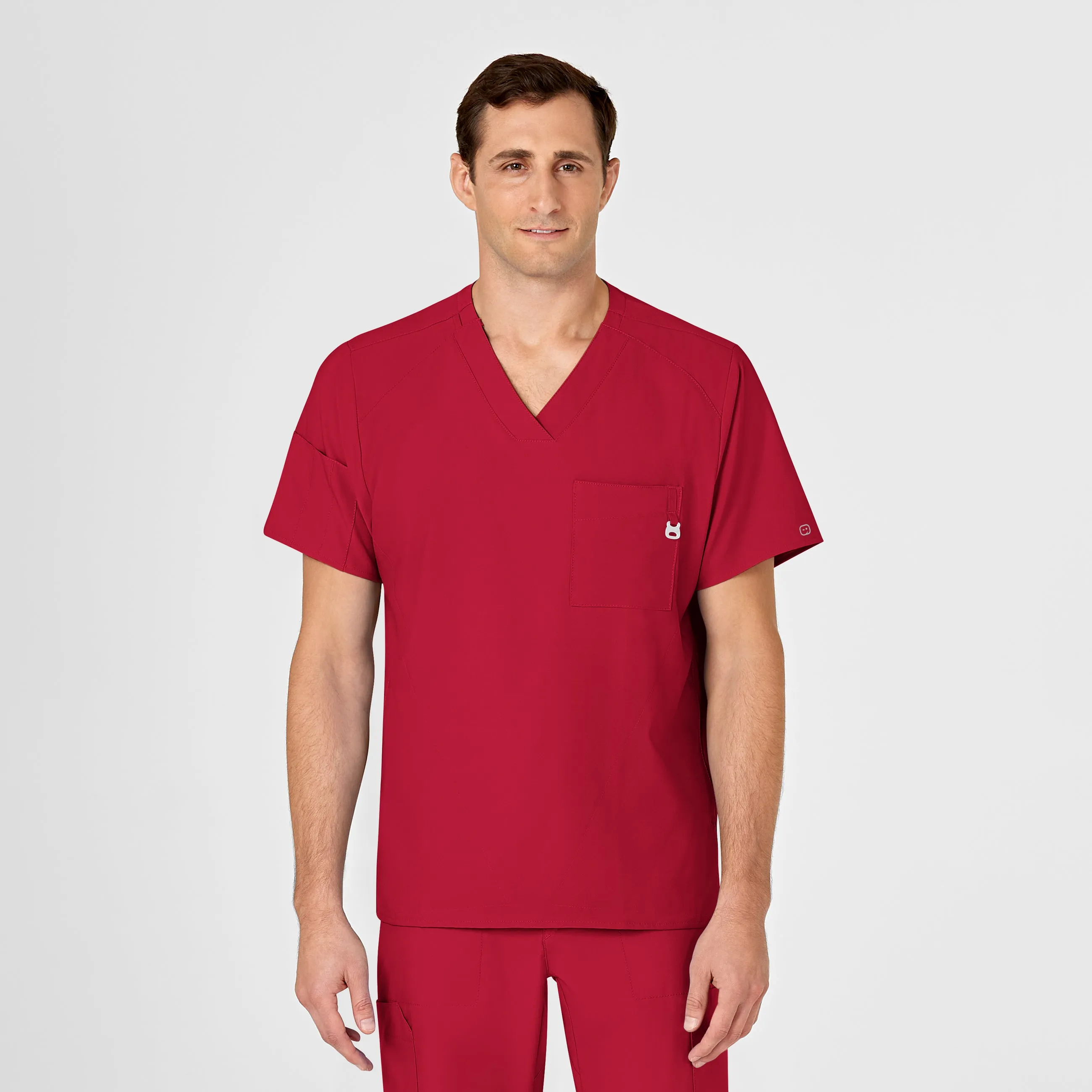 W123 Men's V-Neck Scrub Top - Red Double Faced Jersey Knit
