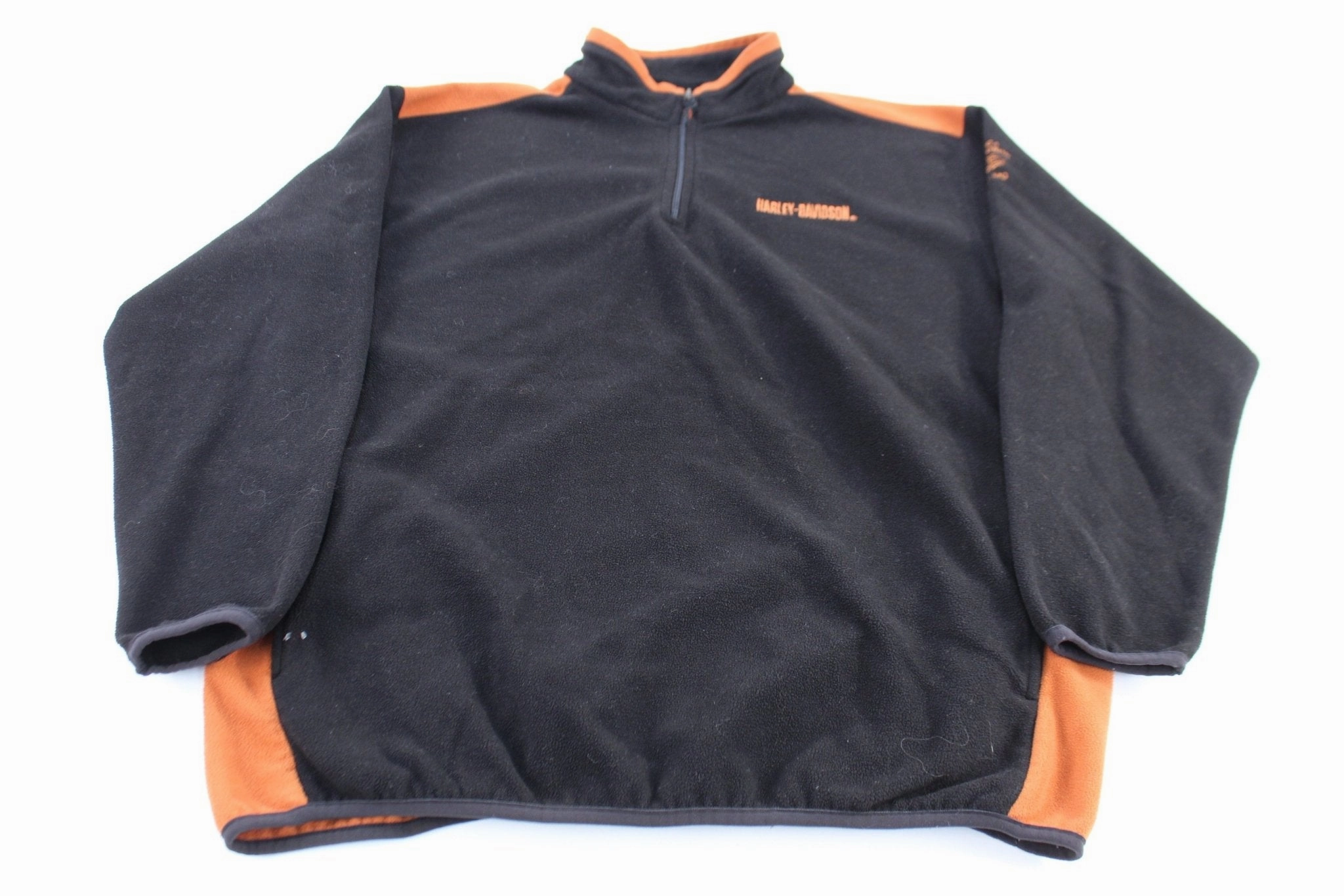 rainy day wear earthy colors Harley Davidson Motorcycles Orange & Black Fleece Pullover Sweater