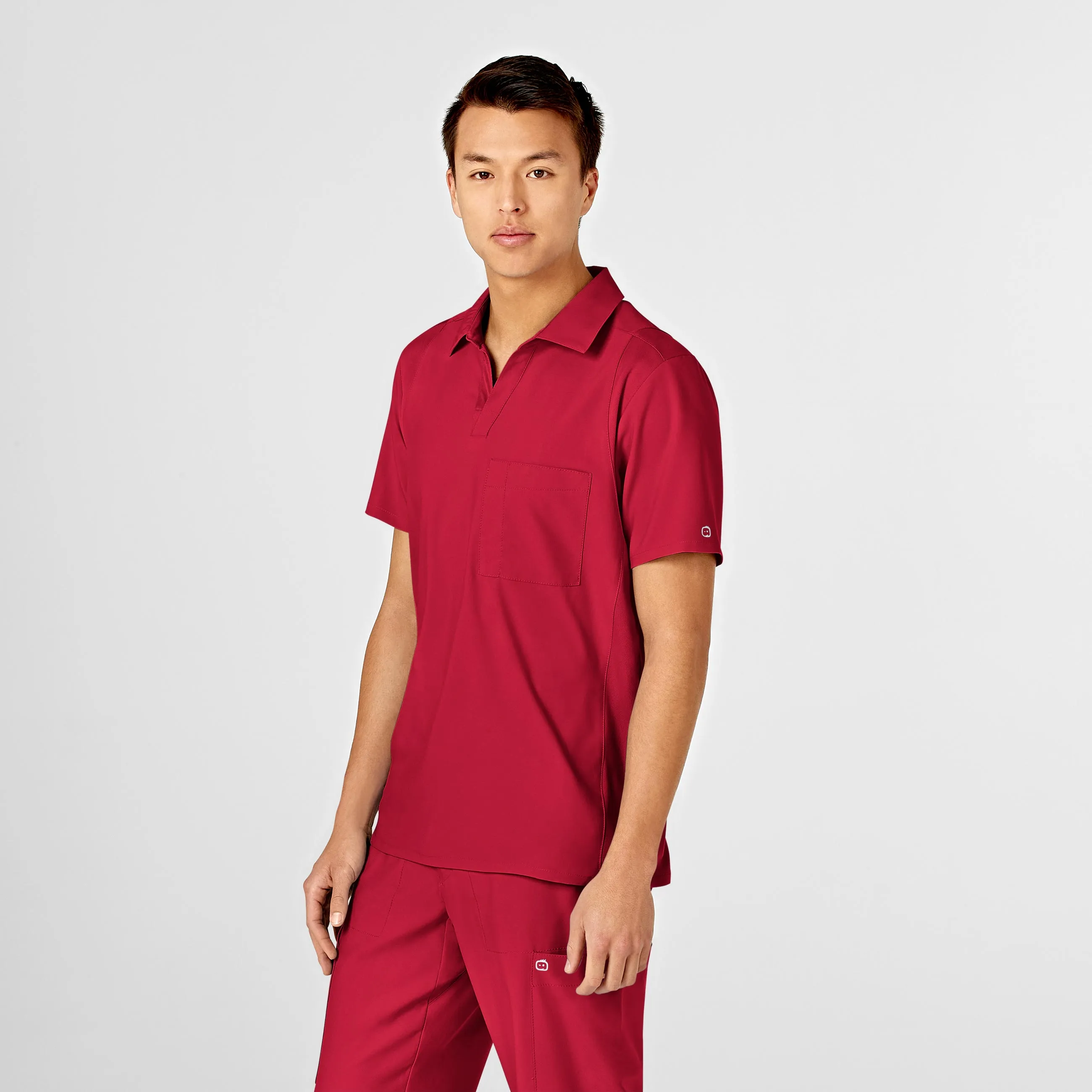Yarn Dyed Stripes W123 Men's Collar Scrub Top - Red