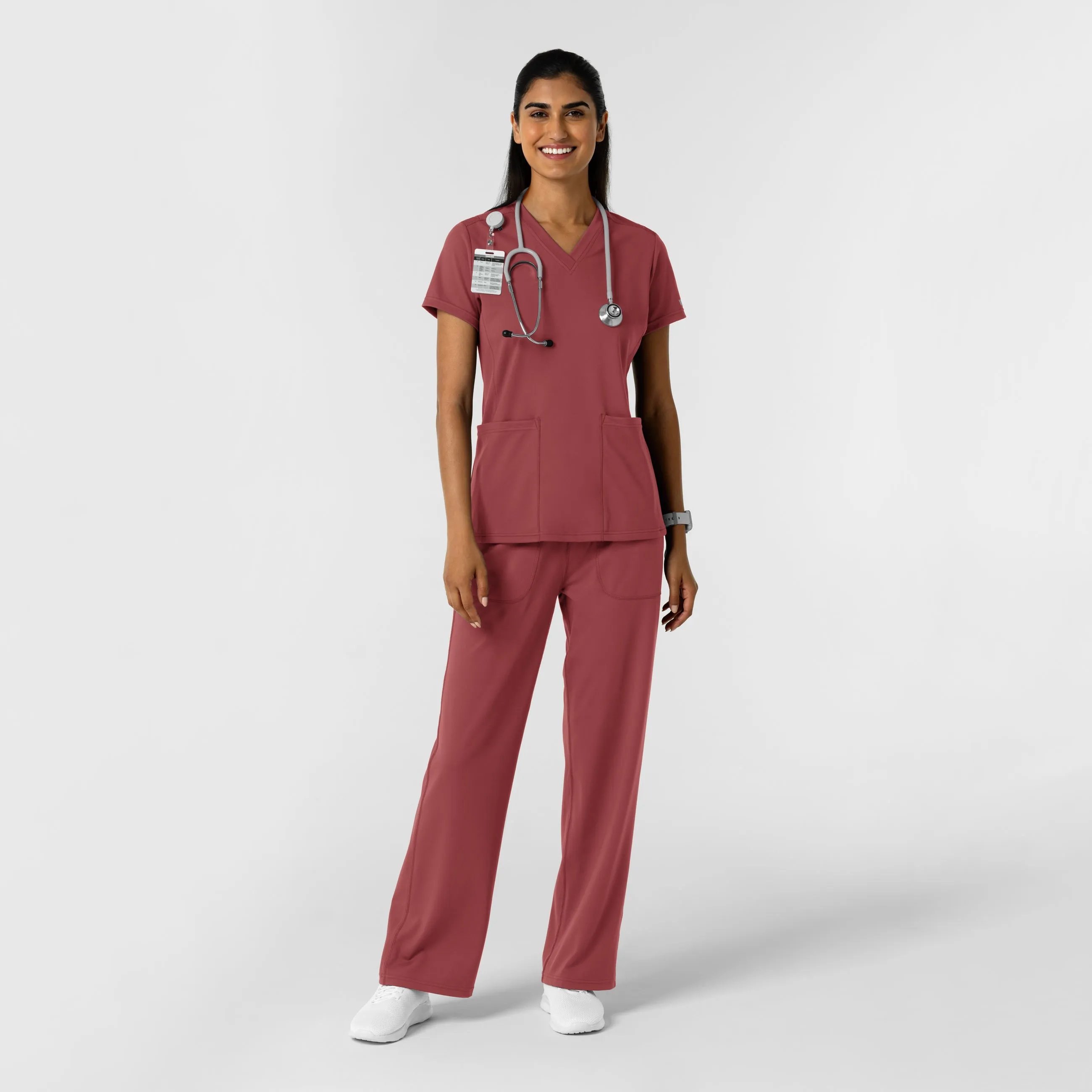 All Weather Performance Fabric RENEW Knit Women's 2-Pocket Scrub Top - Ruby
