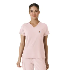 Carhartt Force Cross-Flex Women's Tuck-In Scrub Top - Soft Rose Layered Neckline Long Sleeve Shirt