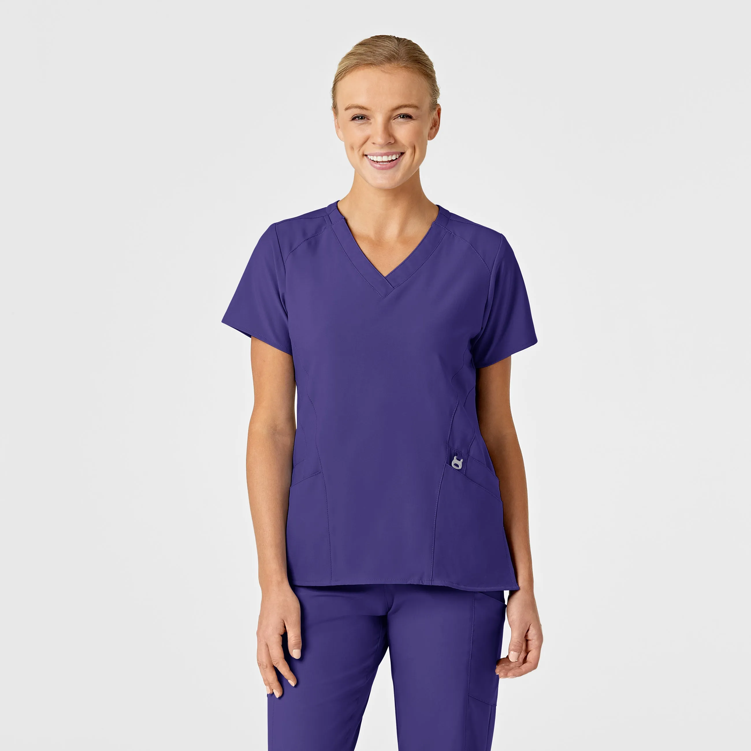 W123 Women's Stylized V-Neck Scrub Top - Grape PreShrunk Fabric