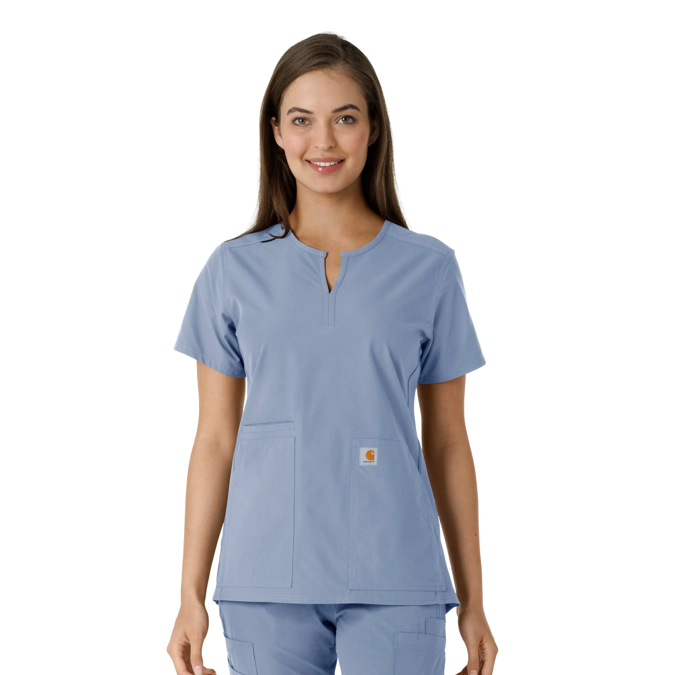 Ethically Sourced Material Ribbed Knit Fabric Carhartt Force Essentials Women's Notch Neck Tunic Knit Panel Scrub Top - Ceil Blue