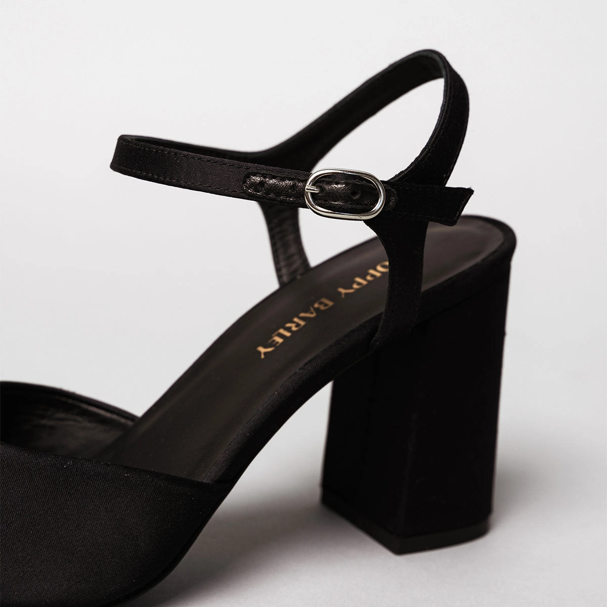 The Monica Heeled Sandal Black Satin Balanced feel