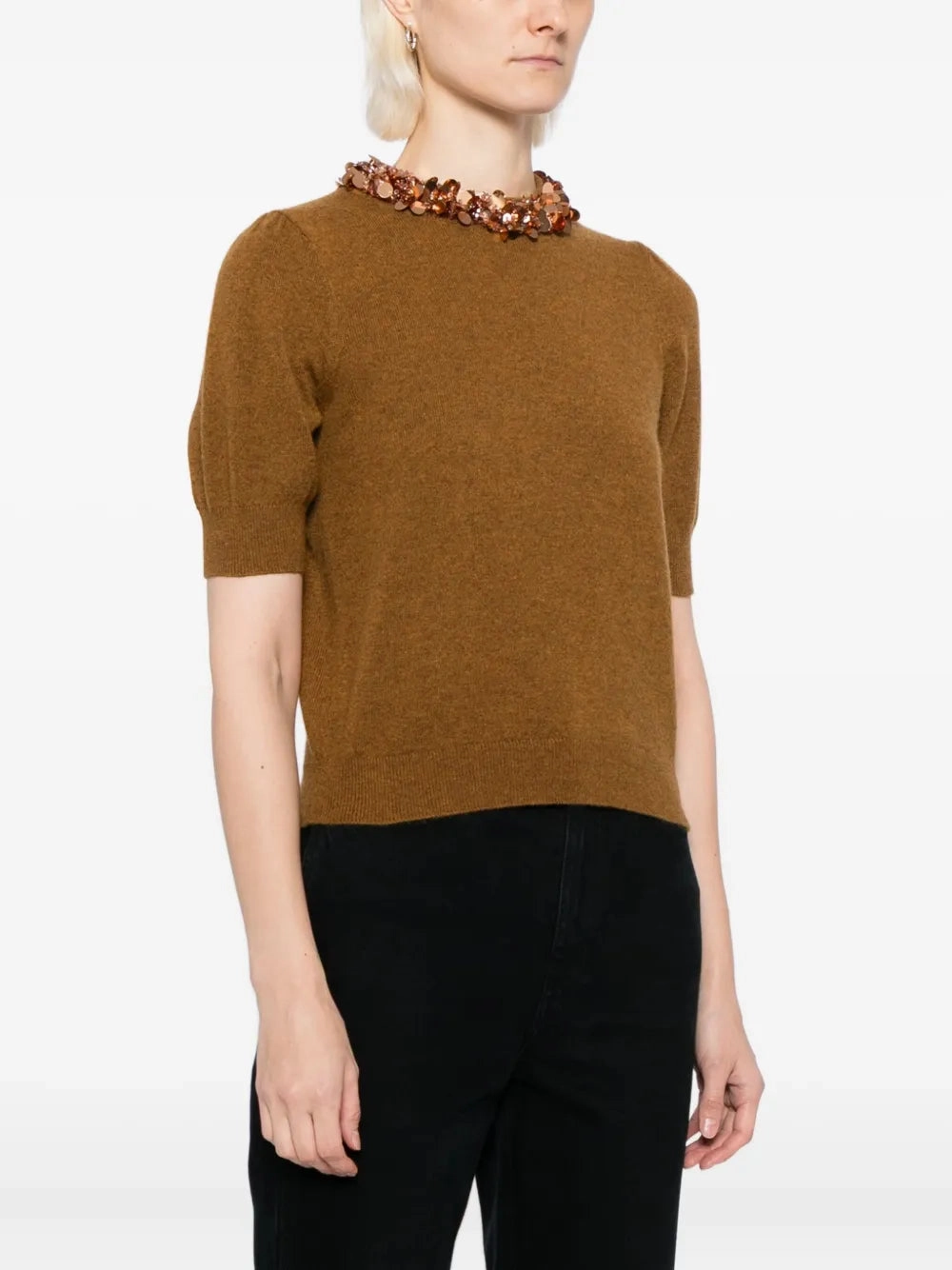 Liv Embroidered Cashmere Short Sleeve Knit in Umber No Fuss