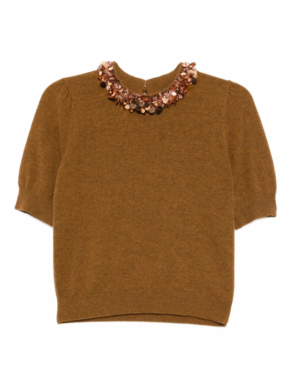 Thermal Lined Cuffs Liv Embroidered Cashmere Short Sleeve Knit in Umber