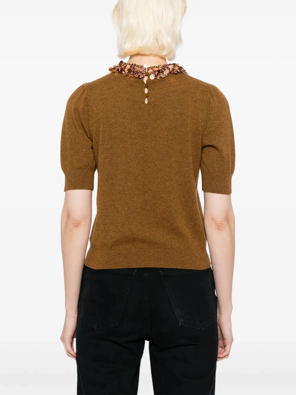 Circular Knit Technique Simple Warmth Liv Embroidered Cashmere Short Sleeve Knit in Umber