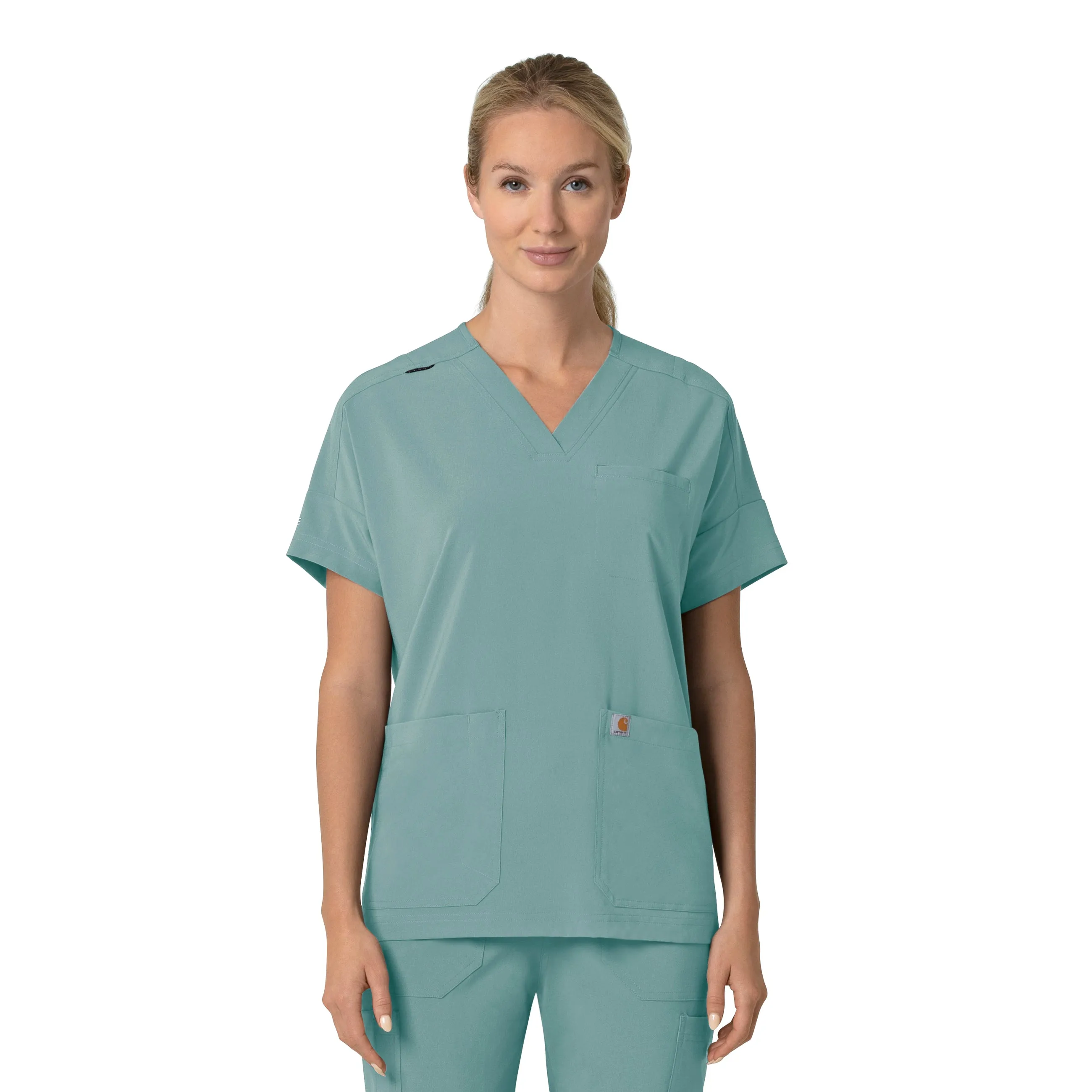Carhartt Force Cross-Flex Women's Oversized V-Neck Scrub Top - Summer Blue ZipperedPockets Convertible Collar