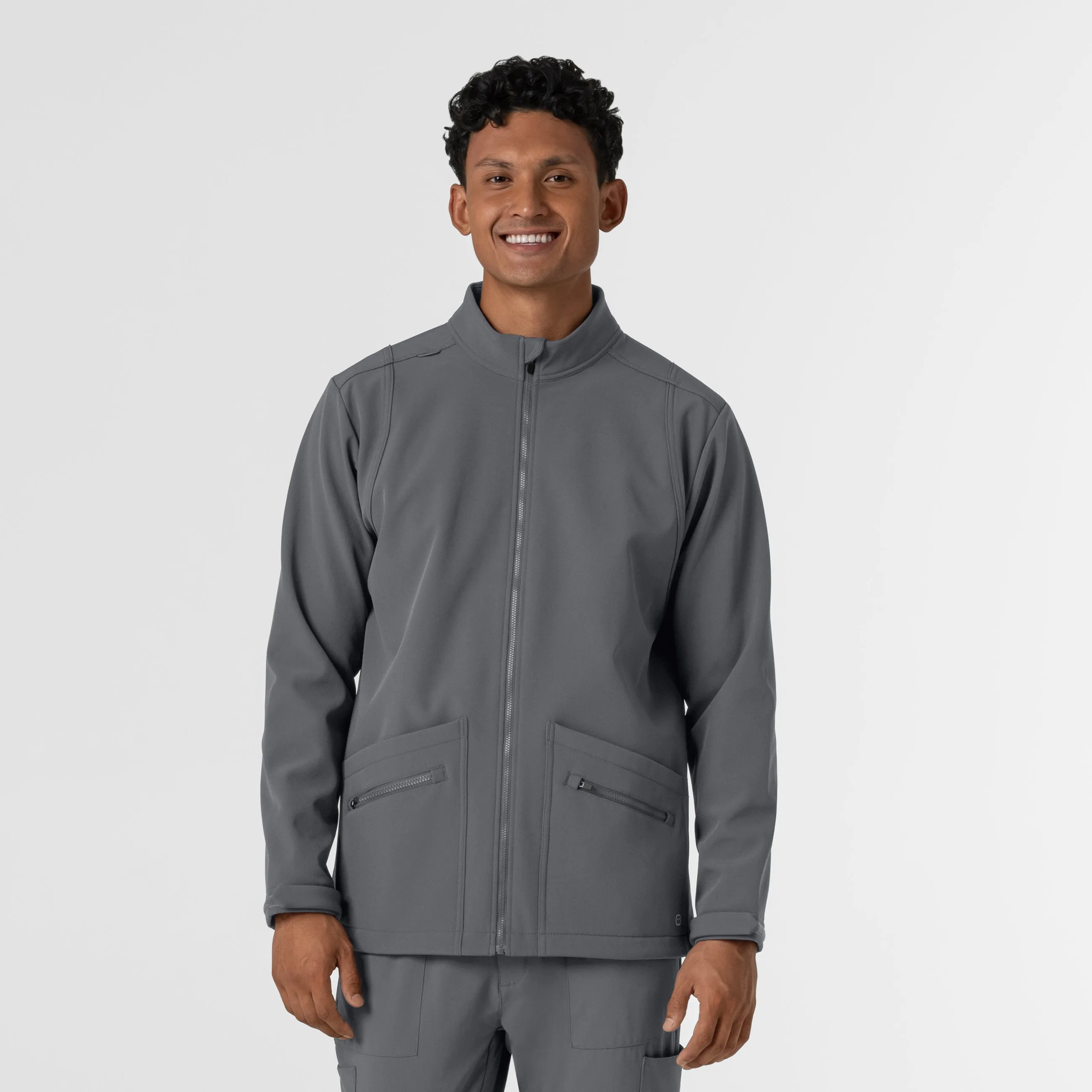 Men's Soft Shell Scrub Jacket - Pewter Airflow Weave Pattern Reflective Safety Accents