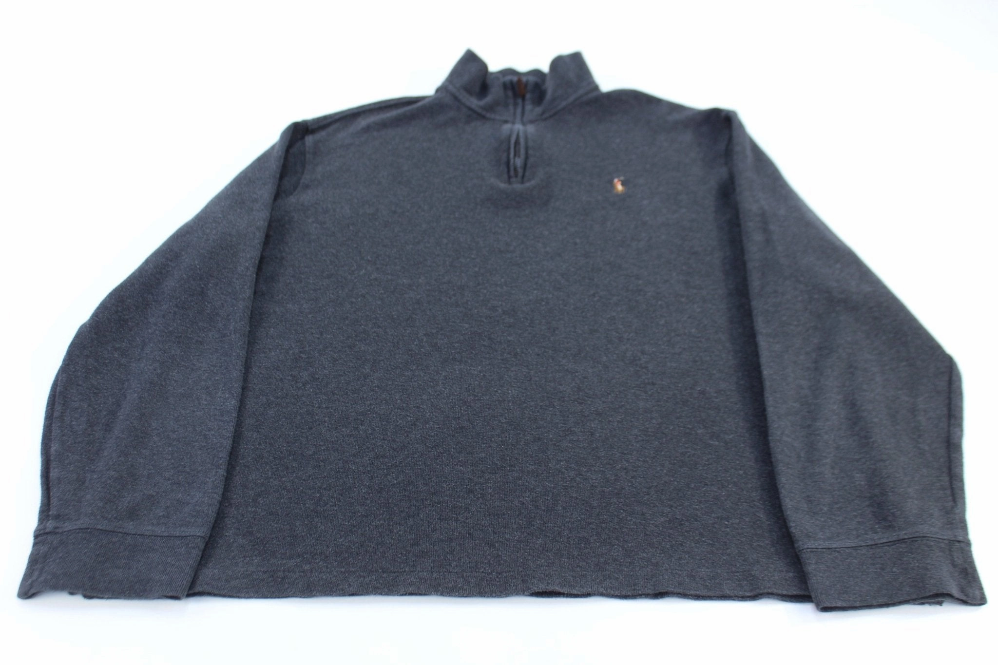 Polo Ralph Lauren Embroidered Logo Grey Quarter Zip Sweater Cozy Fashion Contrast Trim