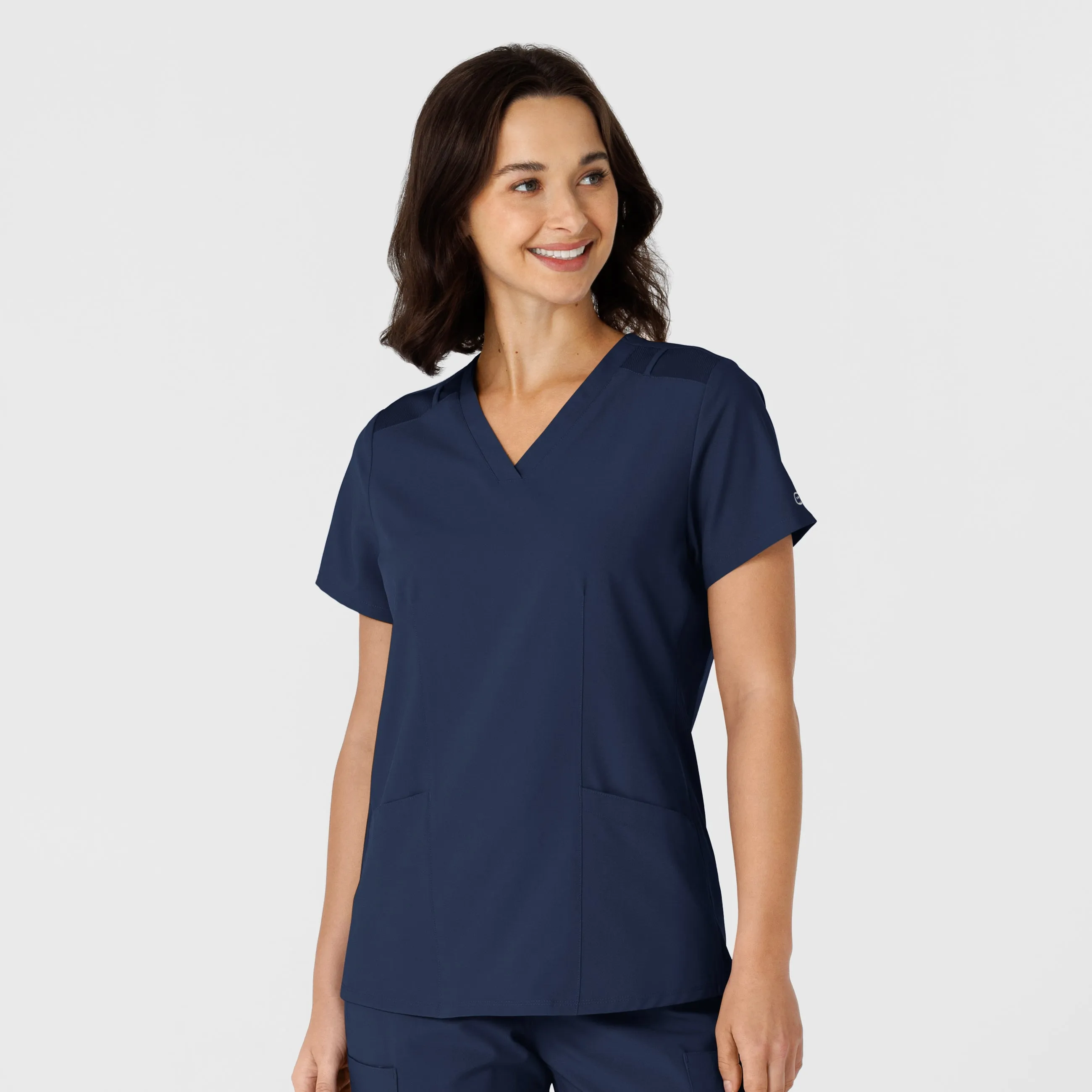 W123 Women's Flex-n-Reach Side Panel V-Neck Scrub Top - Navy Stretch Weave Construction Easycare