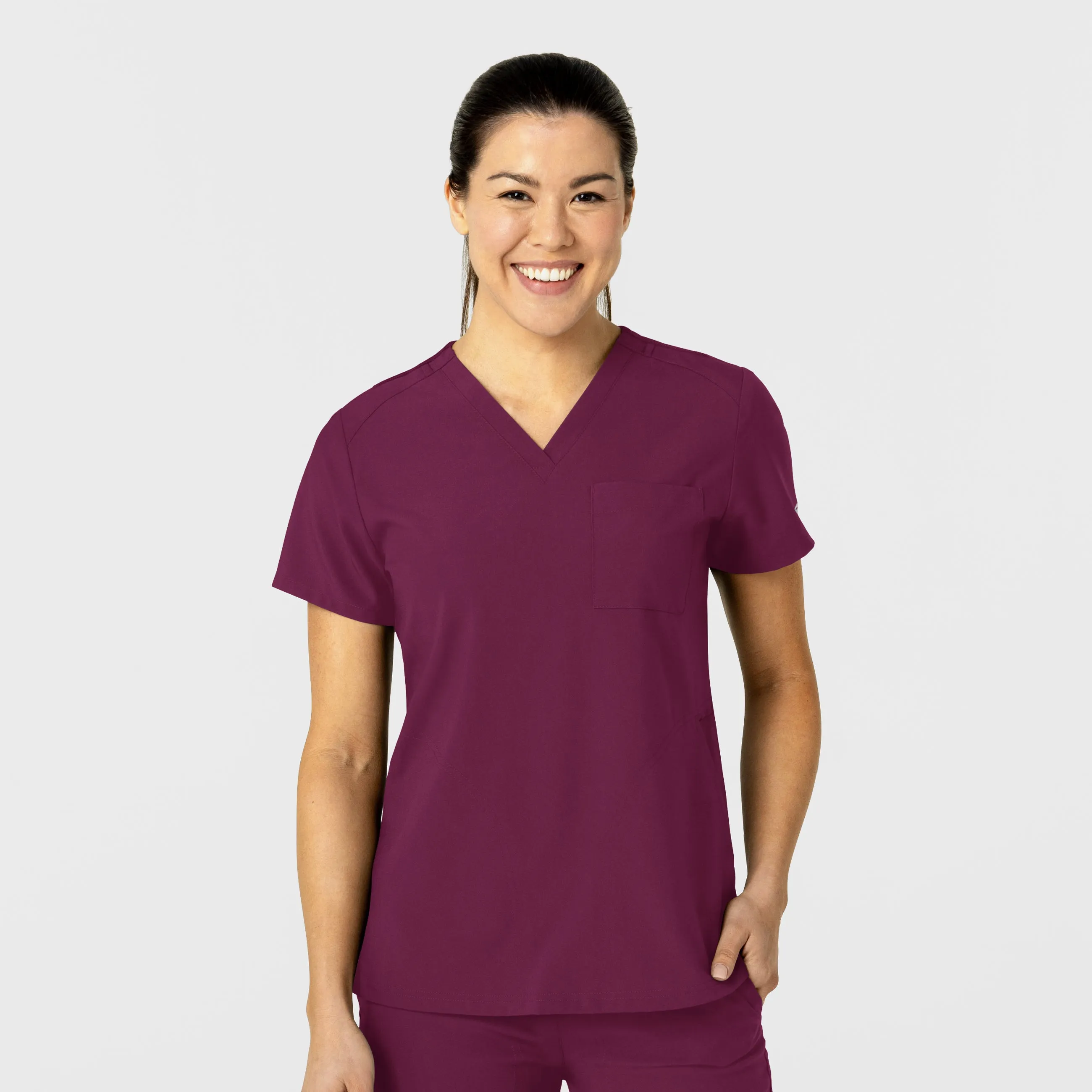 W123 Women's Flex-n-Reach V-Neck Scrub Top - Wine Odor Neutralizing Technology LowMaintenanceMaterial