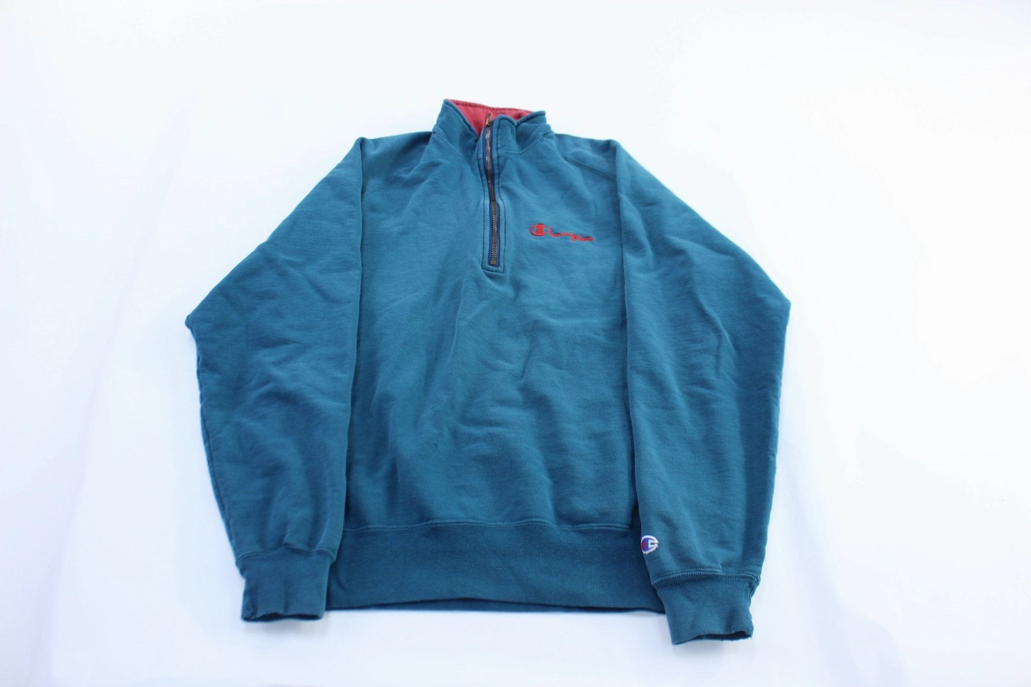Weekend Casual 90's Champion Embroidered Logo Turquoise Zip Up Sweater