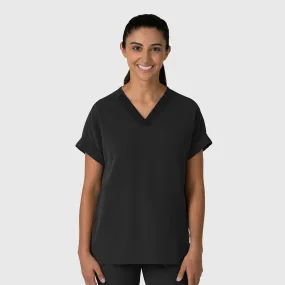 Compact Weave Fabric Nova Women's Drop Shoulder Boxy Scrub Top - Black
