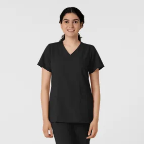 W123 Women's Classic V-Neck Scrub Top - Black Reinforced Buttonholes