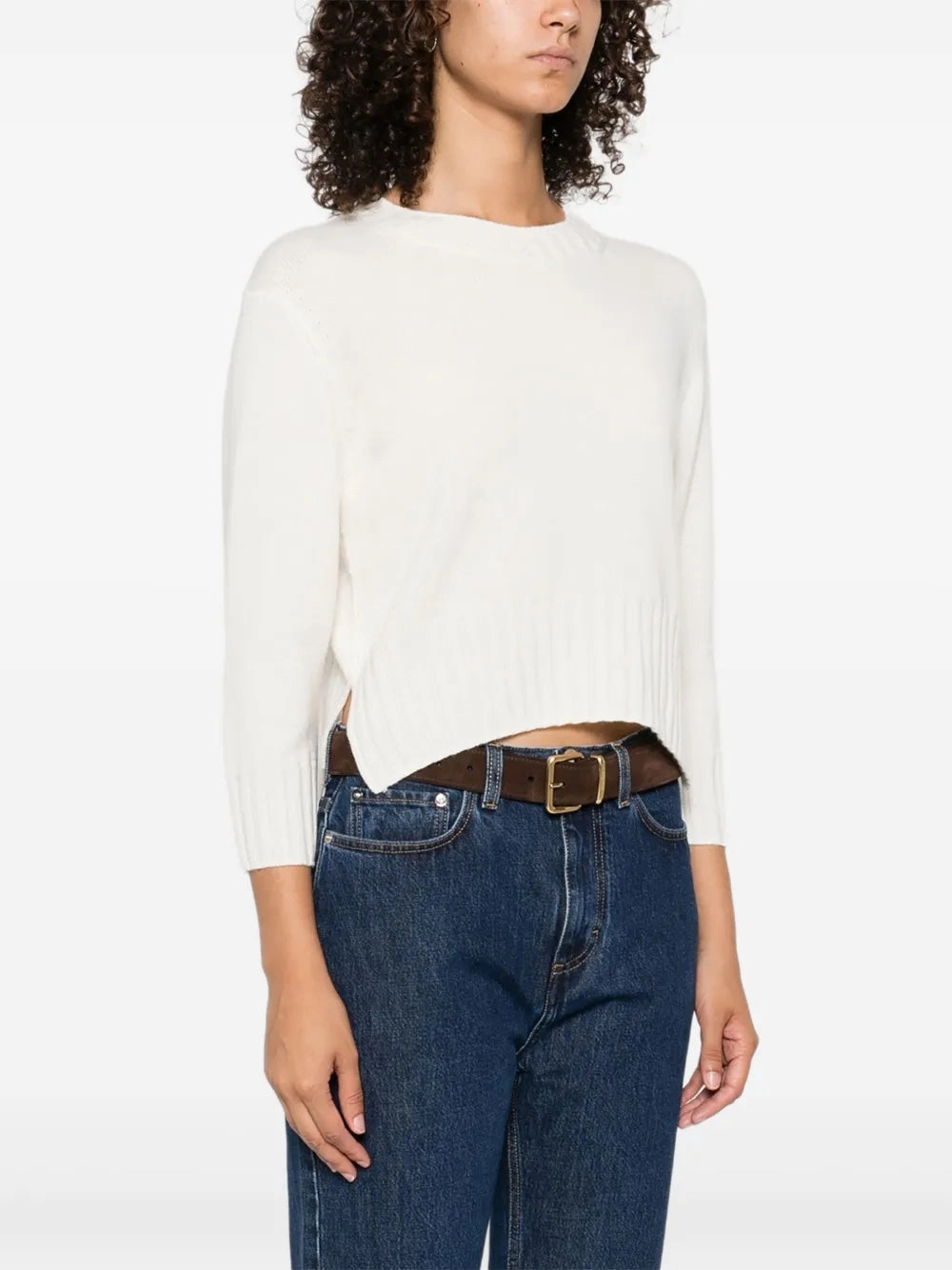 FourWay Stretch Layered Texture Mora LDS Cropped Cashmere Sweater in Ivory