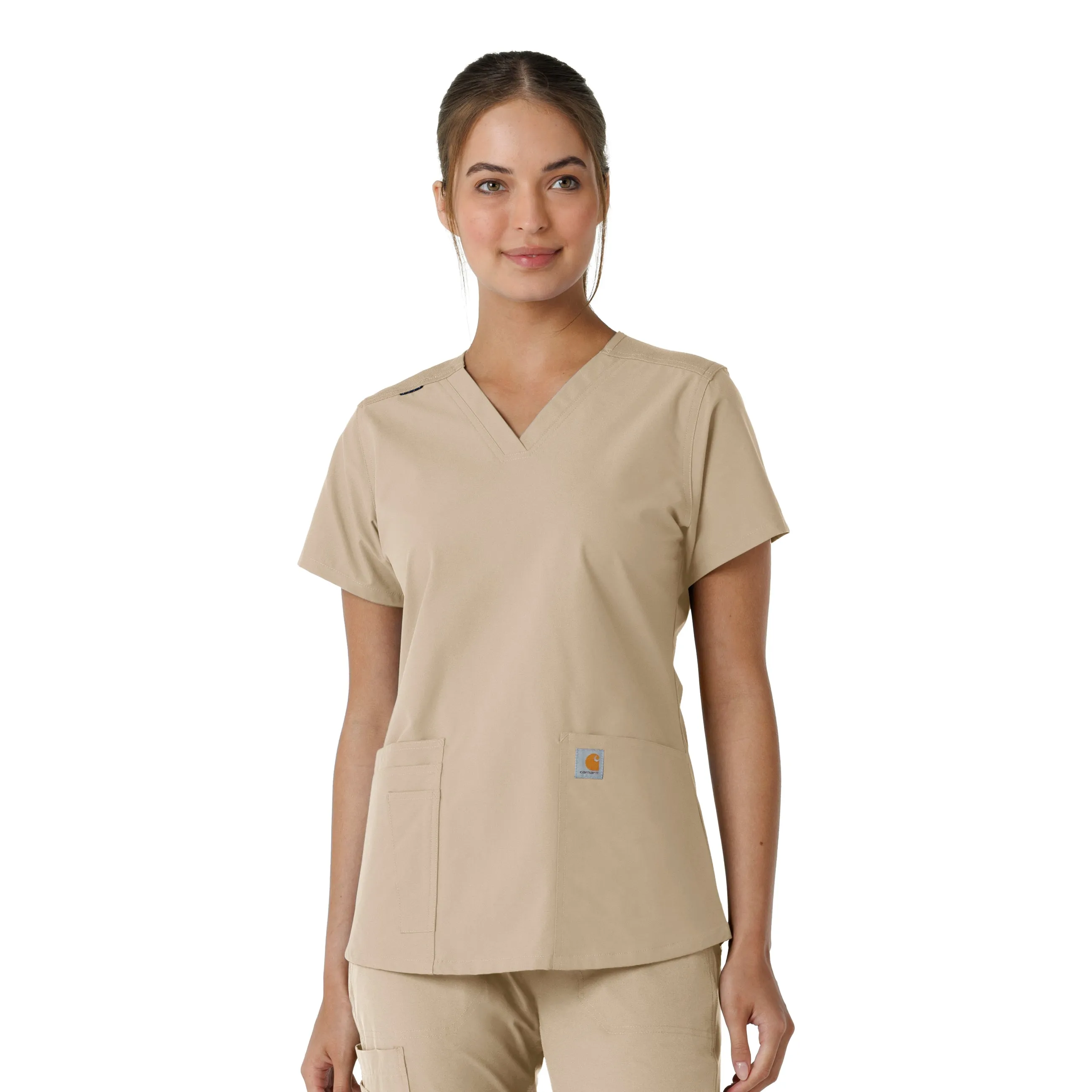 Carhartt Force Essentials Women's V-Neck Knit Panel Scrub Top - Khaki Wrinkle Resistant Finish