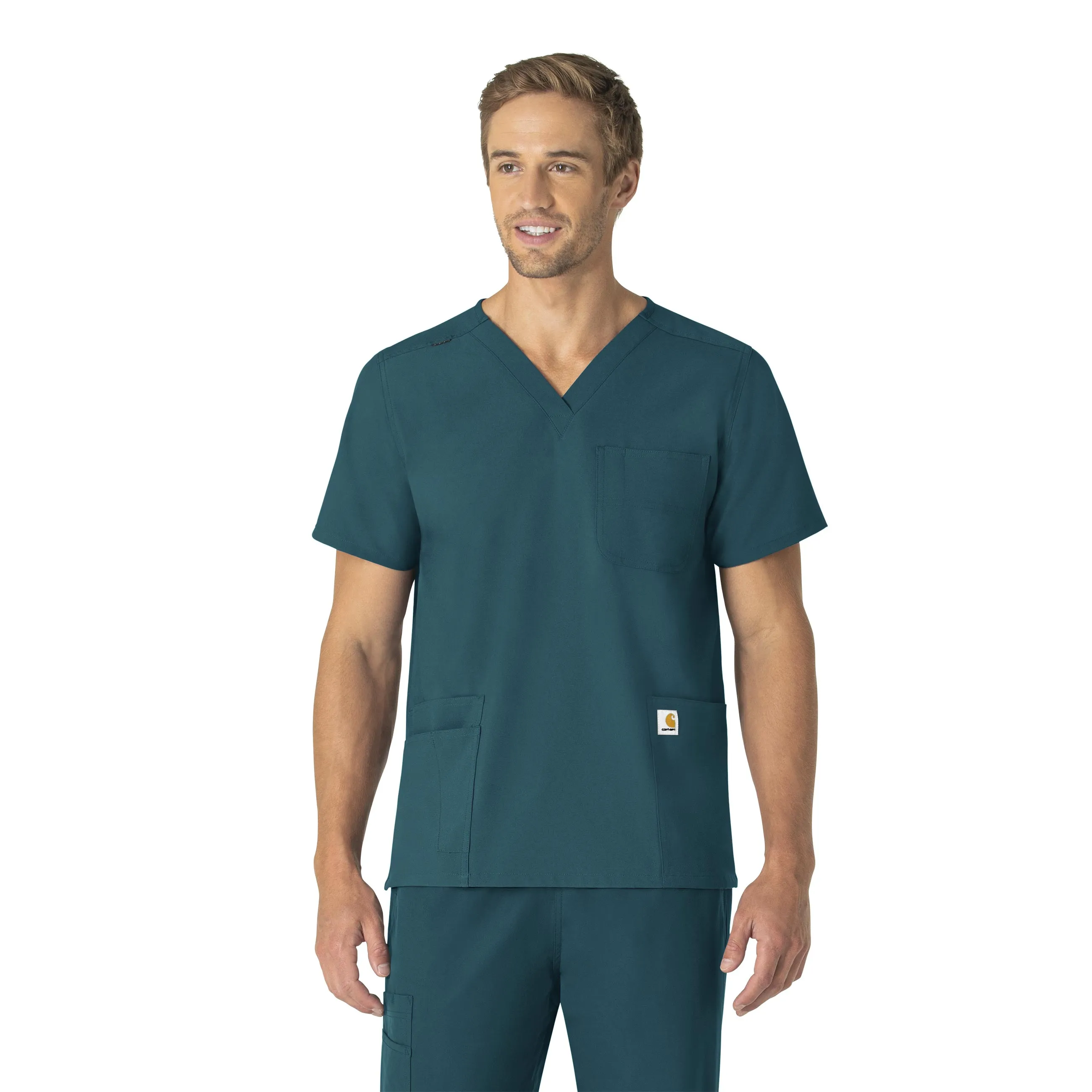 Hypoallergenic Inner Layer Colorfast Dye Method Carhartt Force Essentials Unisex V-Neck 6-Pocket Scrub Top - Caribbean Blue