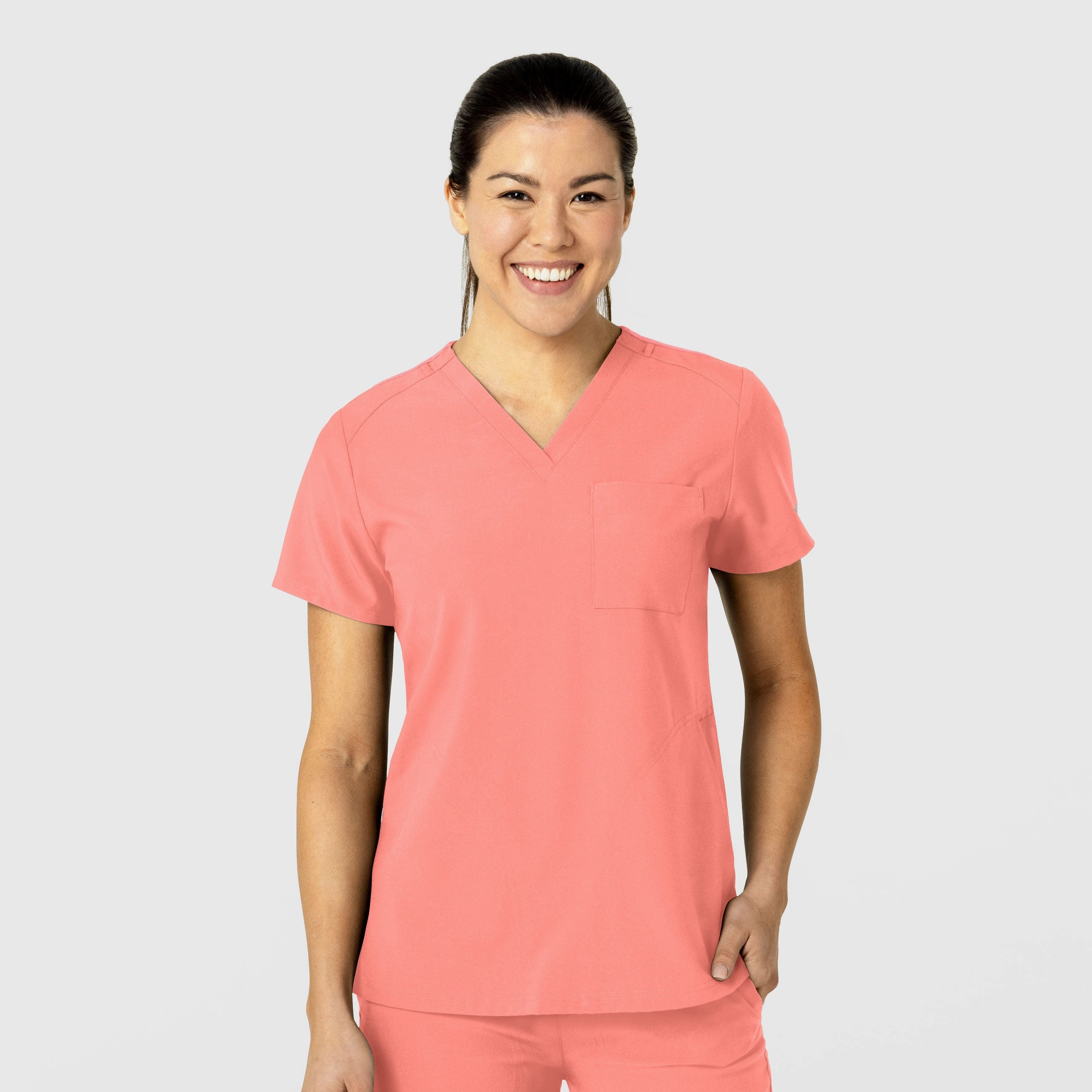 W123 Women's Flex-n-Reach V-Neck Scrub Top - Paradise Pink Flexible Waistband Adaptation