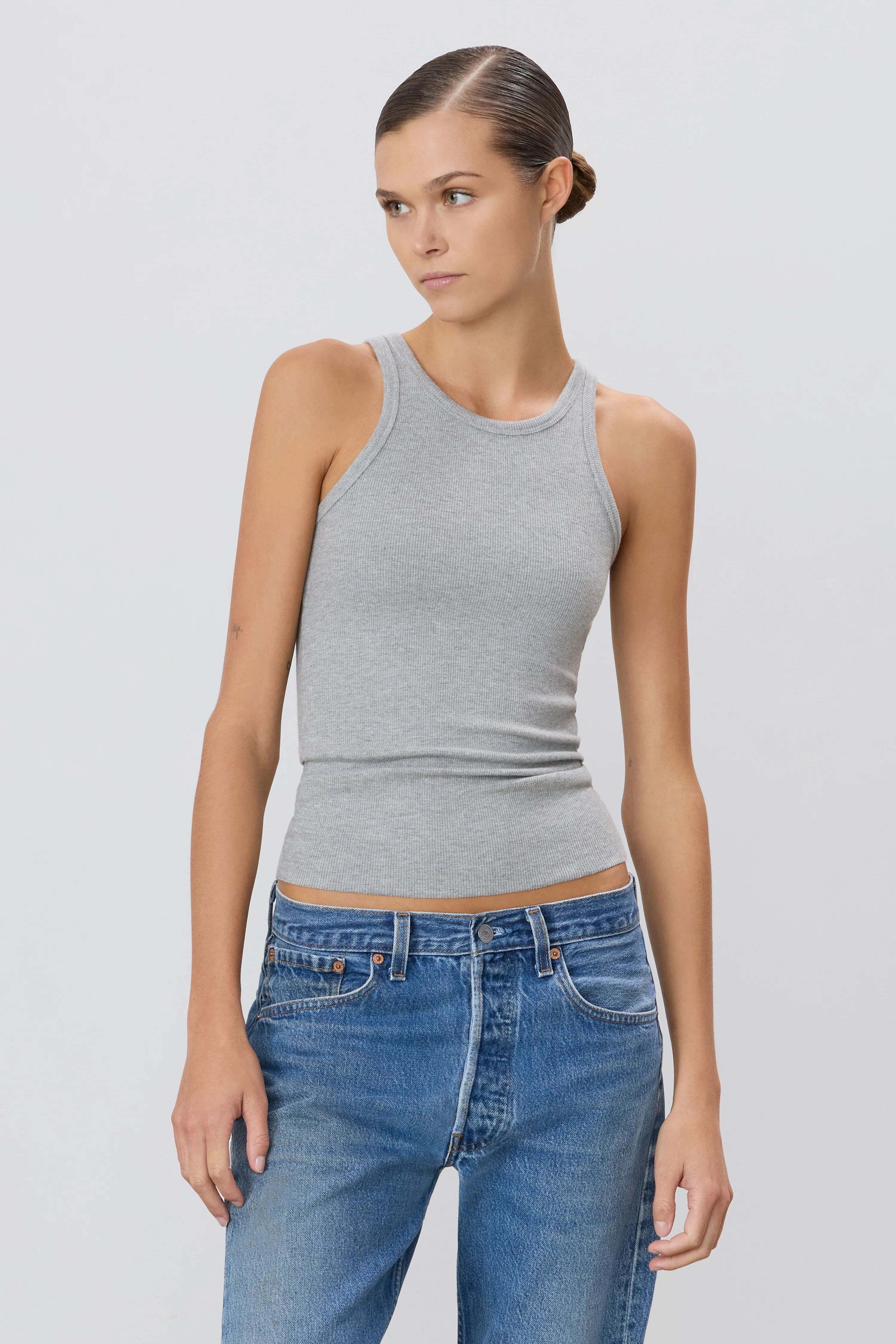 High Neck Fitted Tank in Heather Grey Fall Comfort