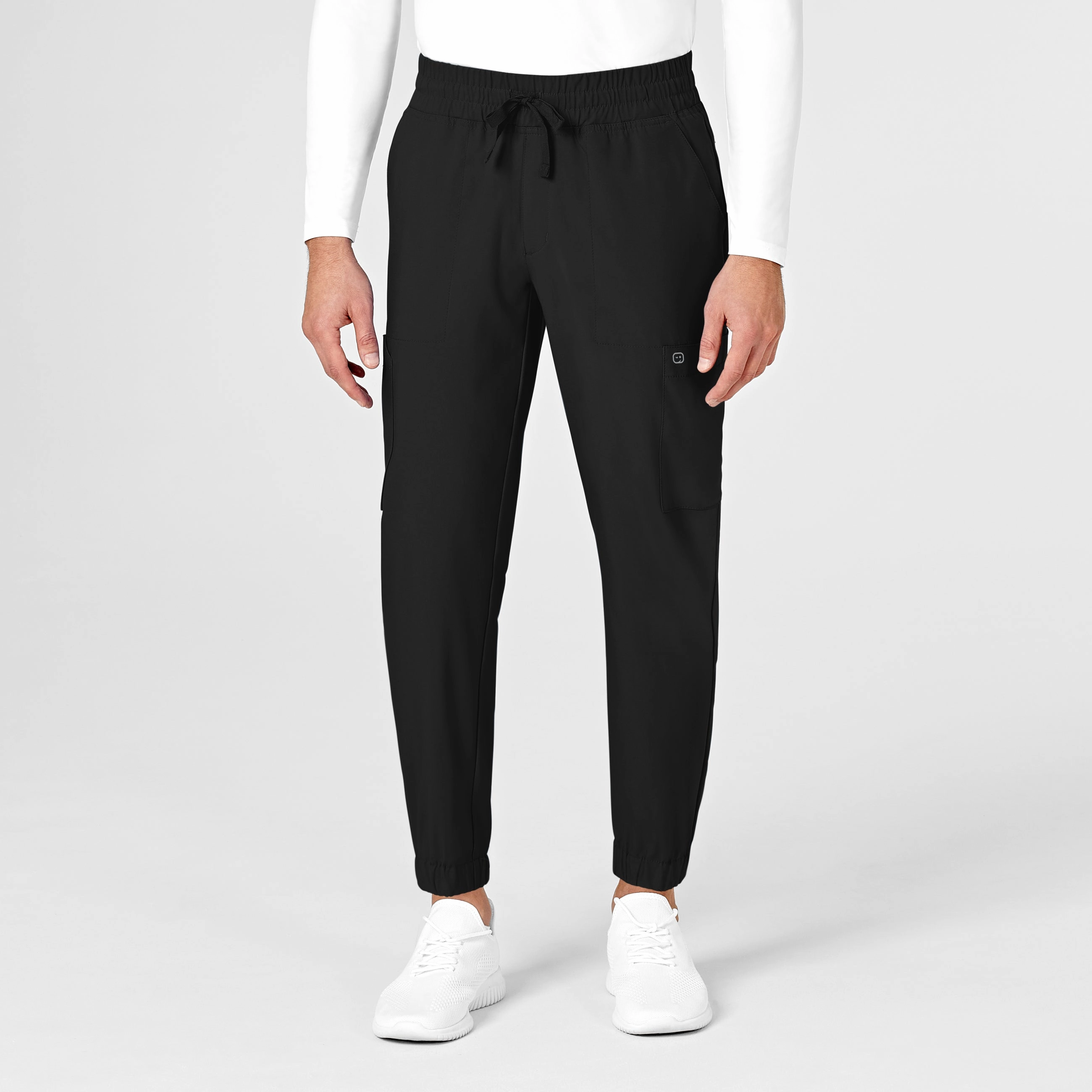 W123 Men's Cargo Jogger Scrub Pant - Black Minimal Design Sporty Comfort