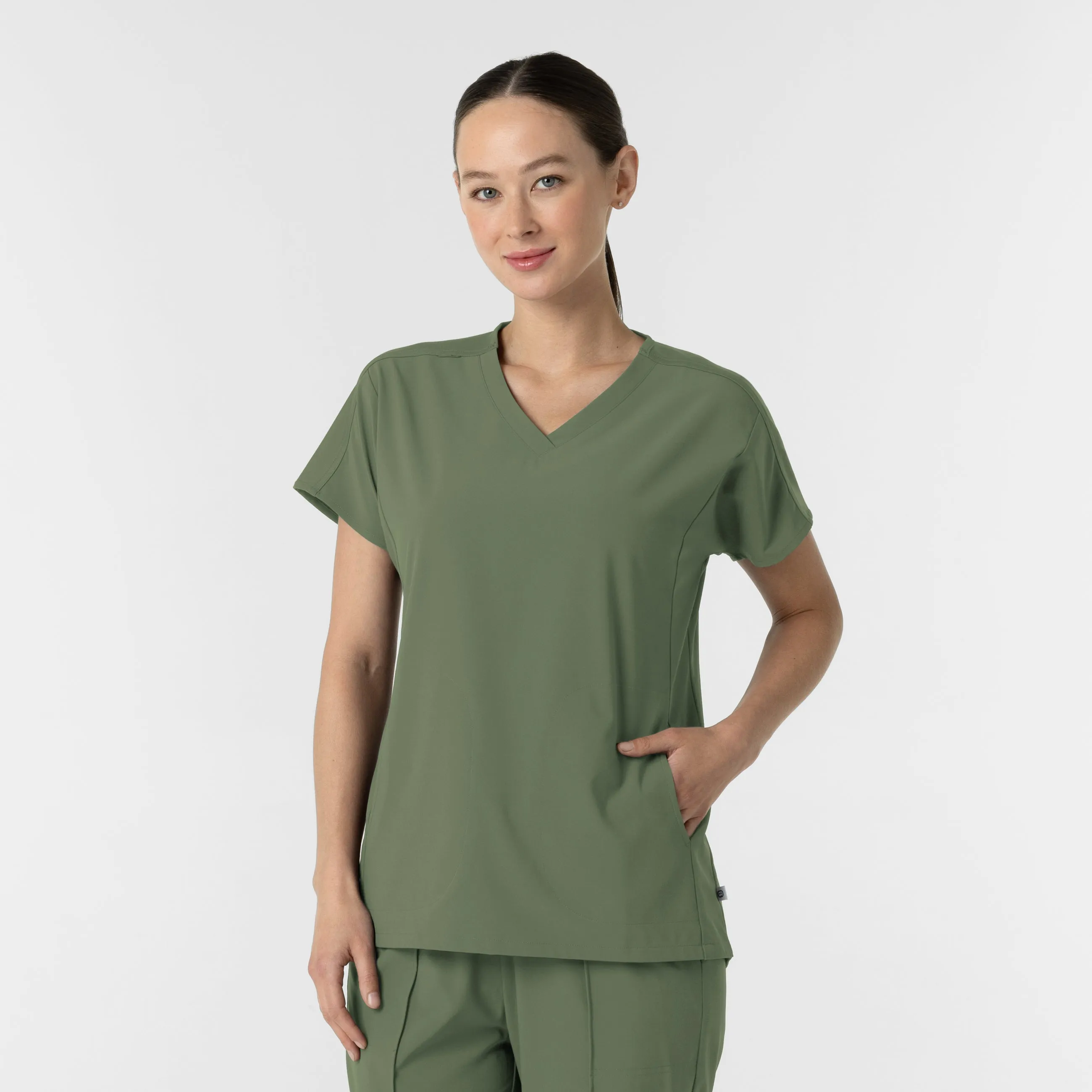 RENEW Women's V-Neck Tunic Scrub Top - Olive Architectural Tailoring
