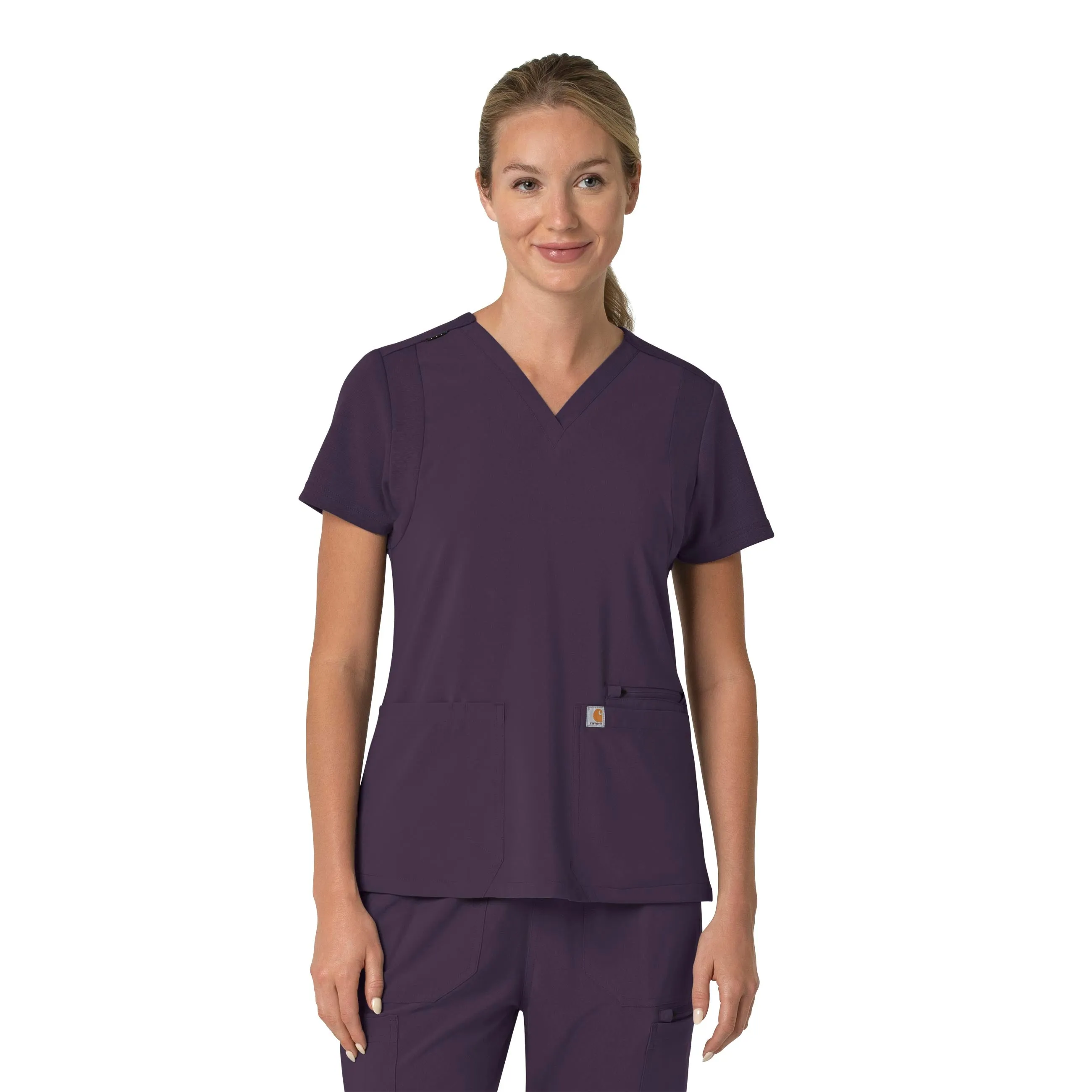 Non Restrictive Collar LowProfile Zipper Carhartt Force Cross-Flex Women's Flex Panel V-Neck Scrub Top - Black Plum