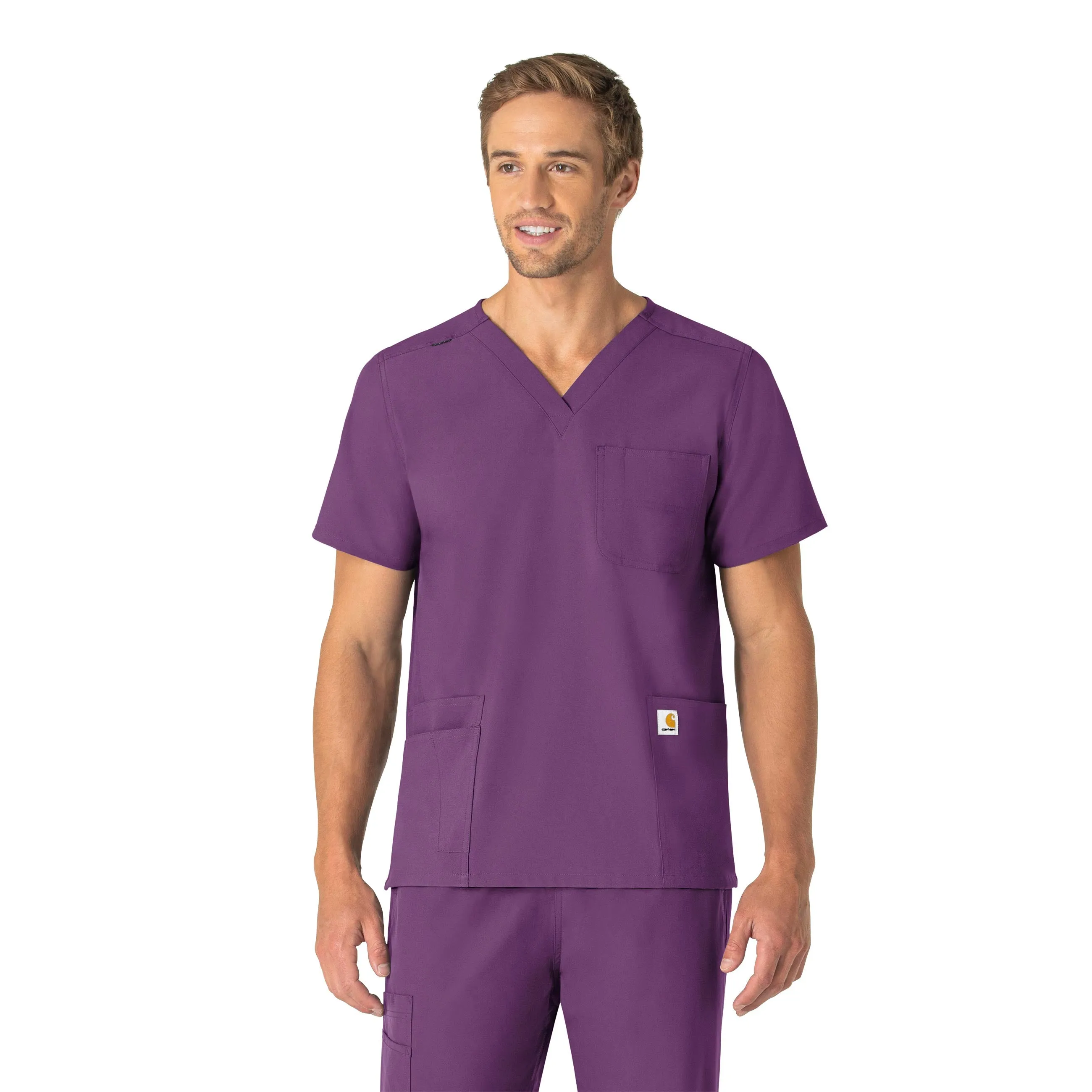 Carhartt Force Essentials Unisex V-Neck 6-Pocket Scrub Top - Eggplant Hidden Ventilation Zones Pocket Reinforcement