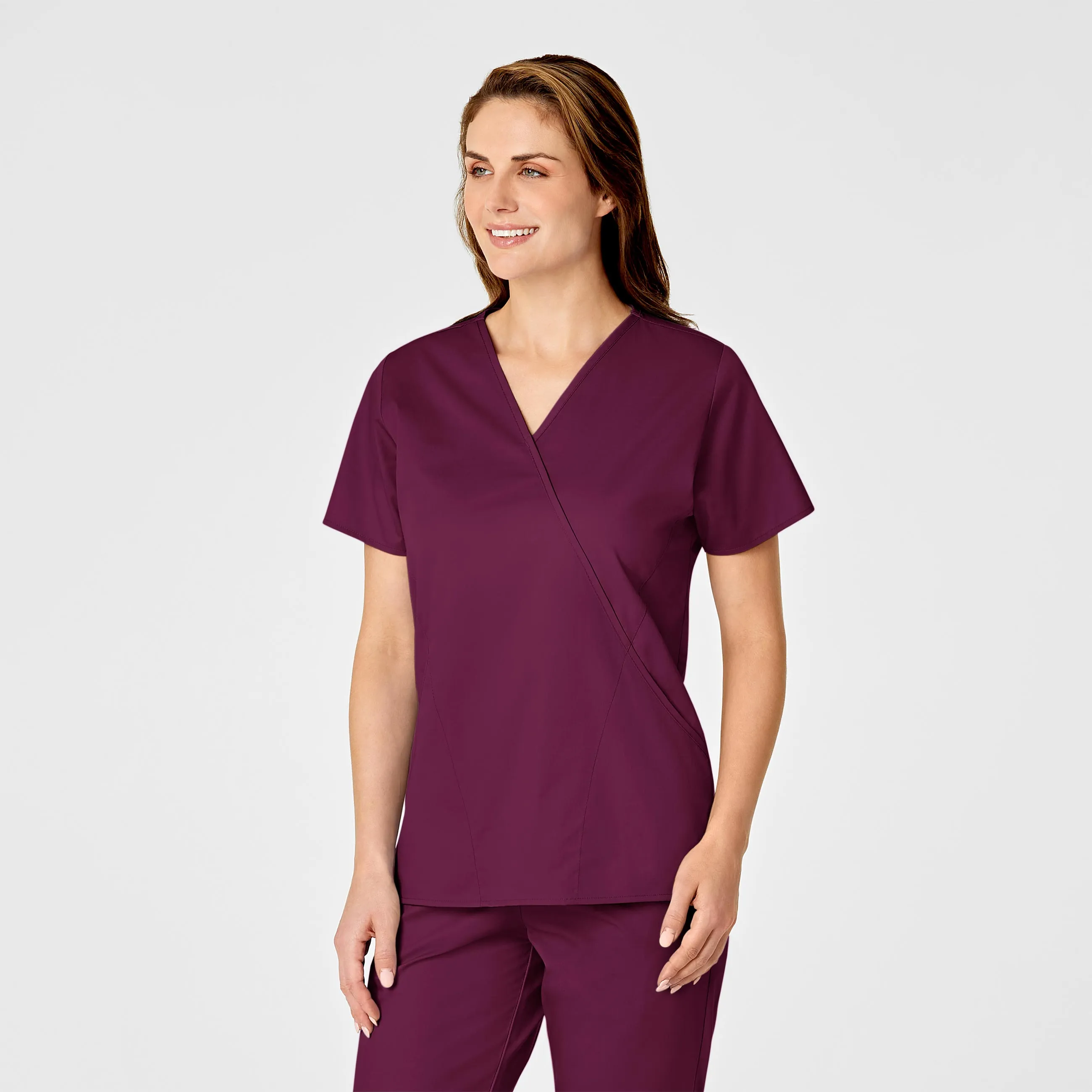 MultiPocket WonderWORK Women's Mock Wrap Scrub Top - Wine