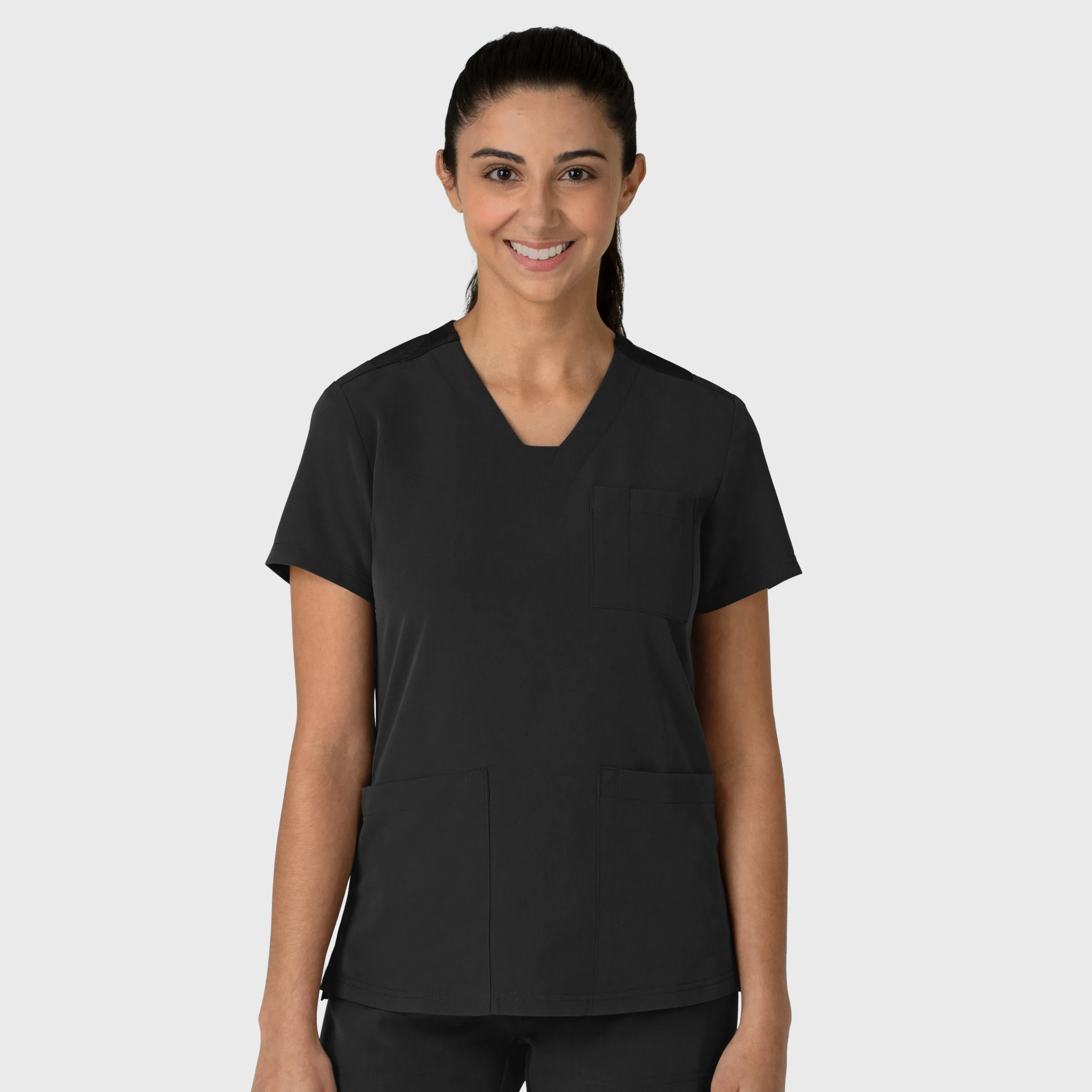 Nova Women's Flex-n-Reach V-Neck Scrub Top - Black Drop Shoulder Silhouette Casual Long Sleeve