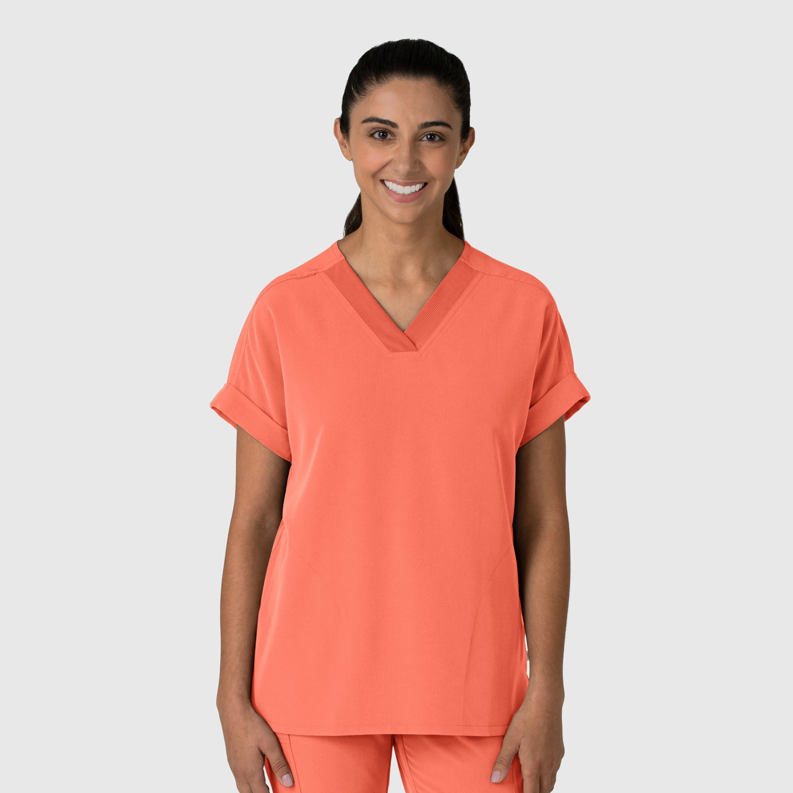 Breathable mesh panel Flexible Knit Blend Nova Women's Drop Shoulder Boxy Scrub Top - Sugar Coral