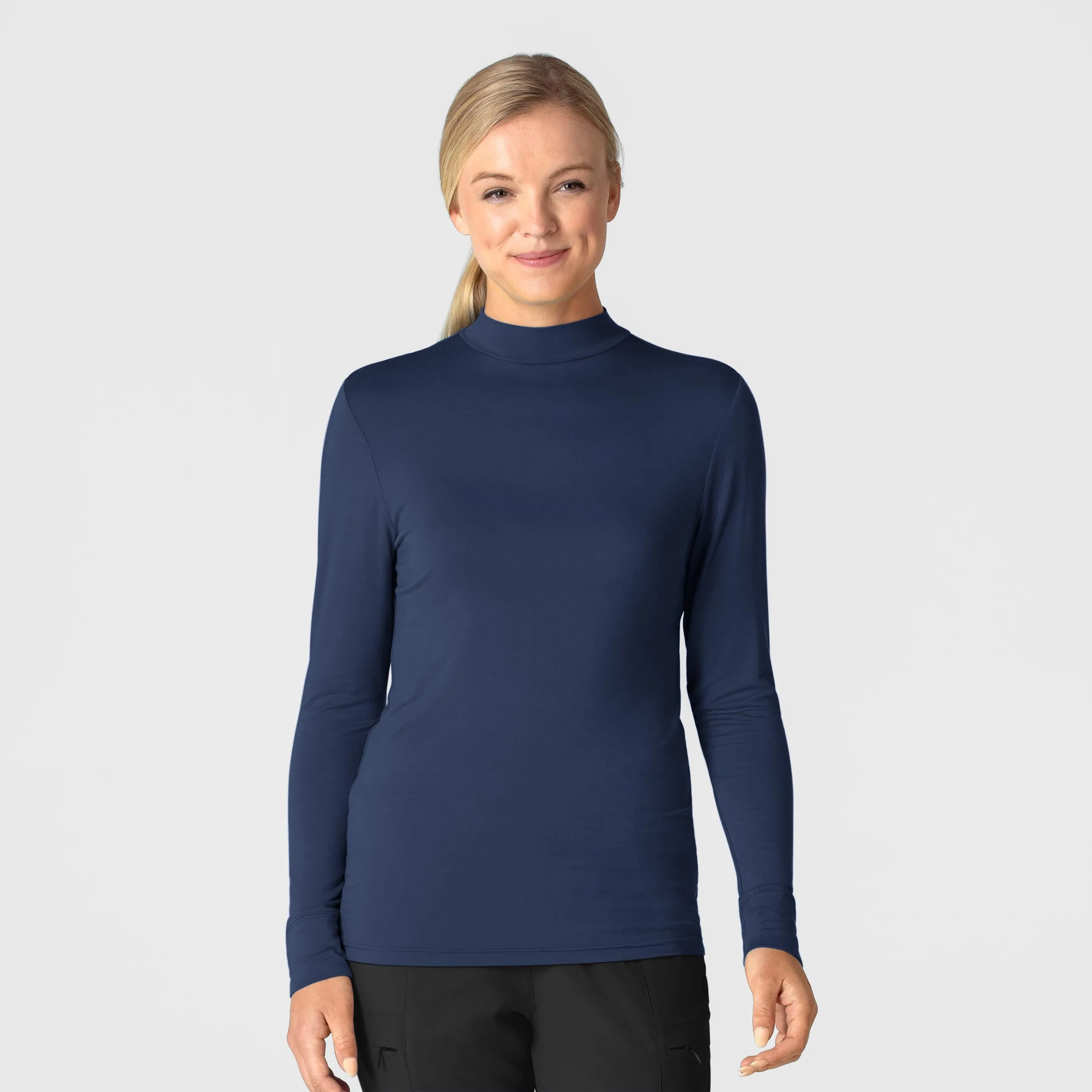 SleevelessOption Placket Detailing Women??s Long Sleeve Mock Neck Silky Tee - Navy