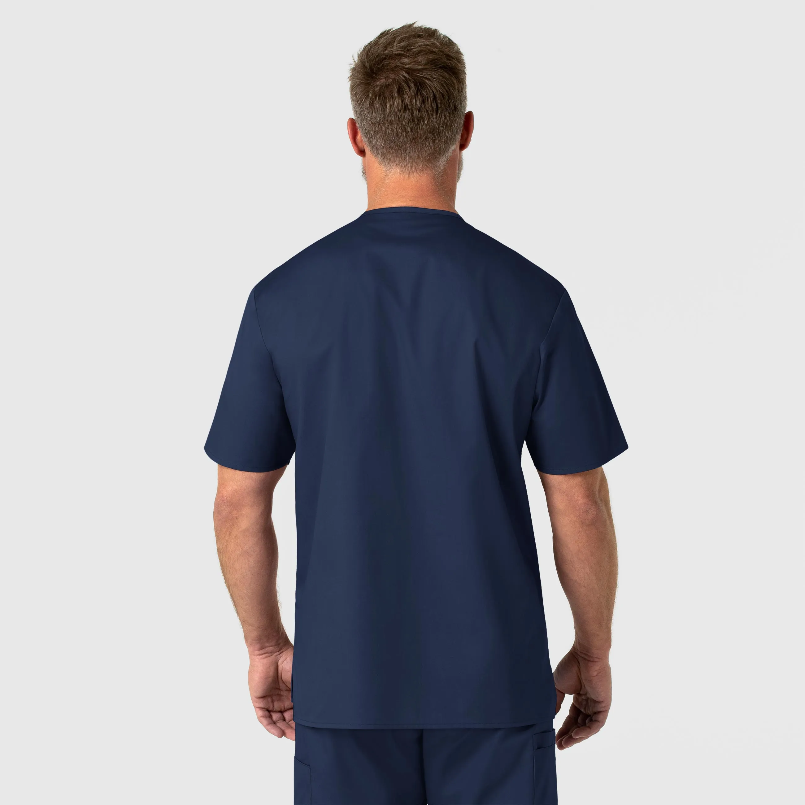 WonderWORK Men's V-Neck Scrub Top - Navy Elegant Look Contrast Topstitching Detail