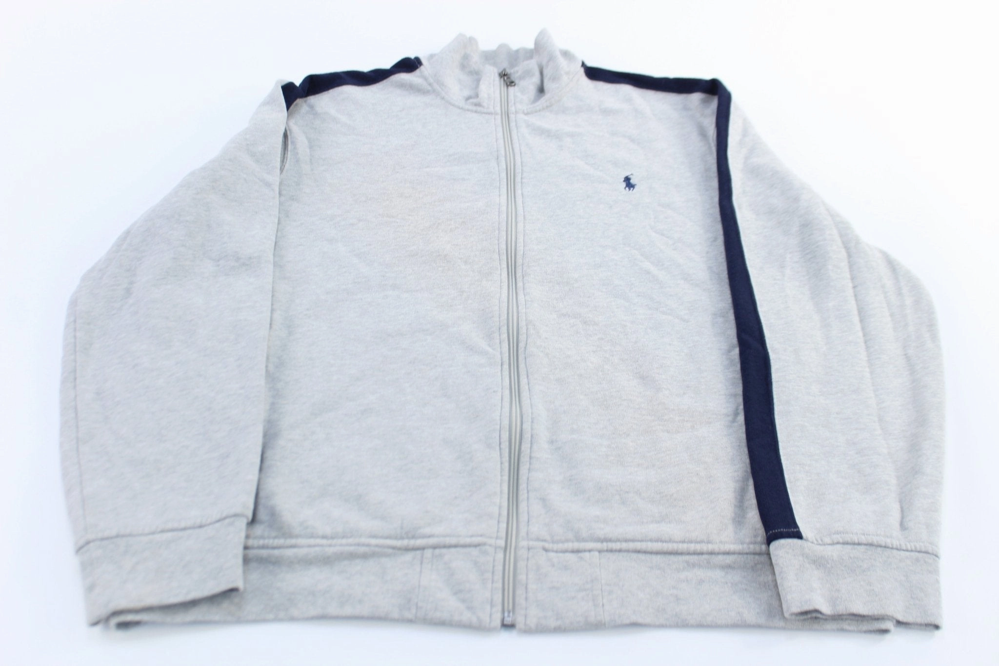 Soft Comfort Polo by Ralph Lauren Embroidered Logo Blue & Grey Striped Full Zip Sweater