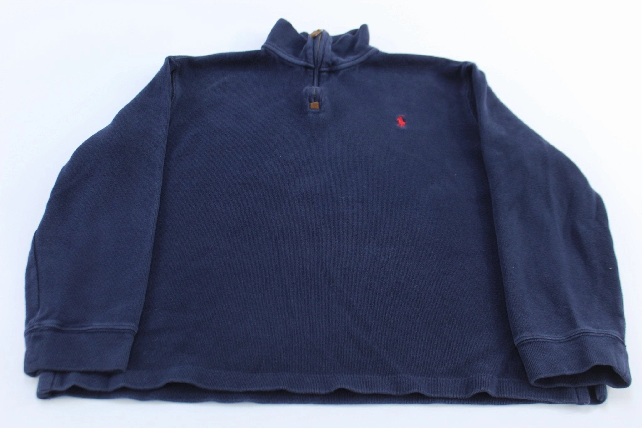 Polo by Ralph Lauren Embroidered Logo Navy Blue Quarter Zip Sweater Slim Silhouette Fashionable Hoodie