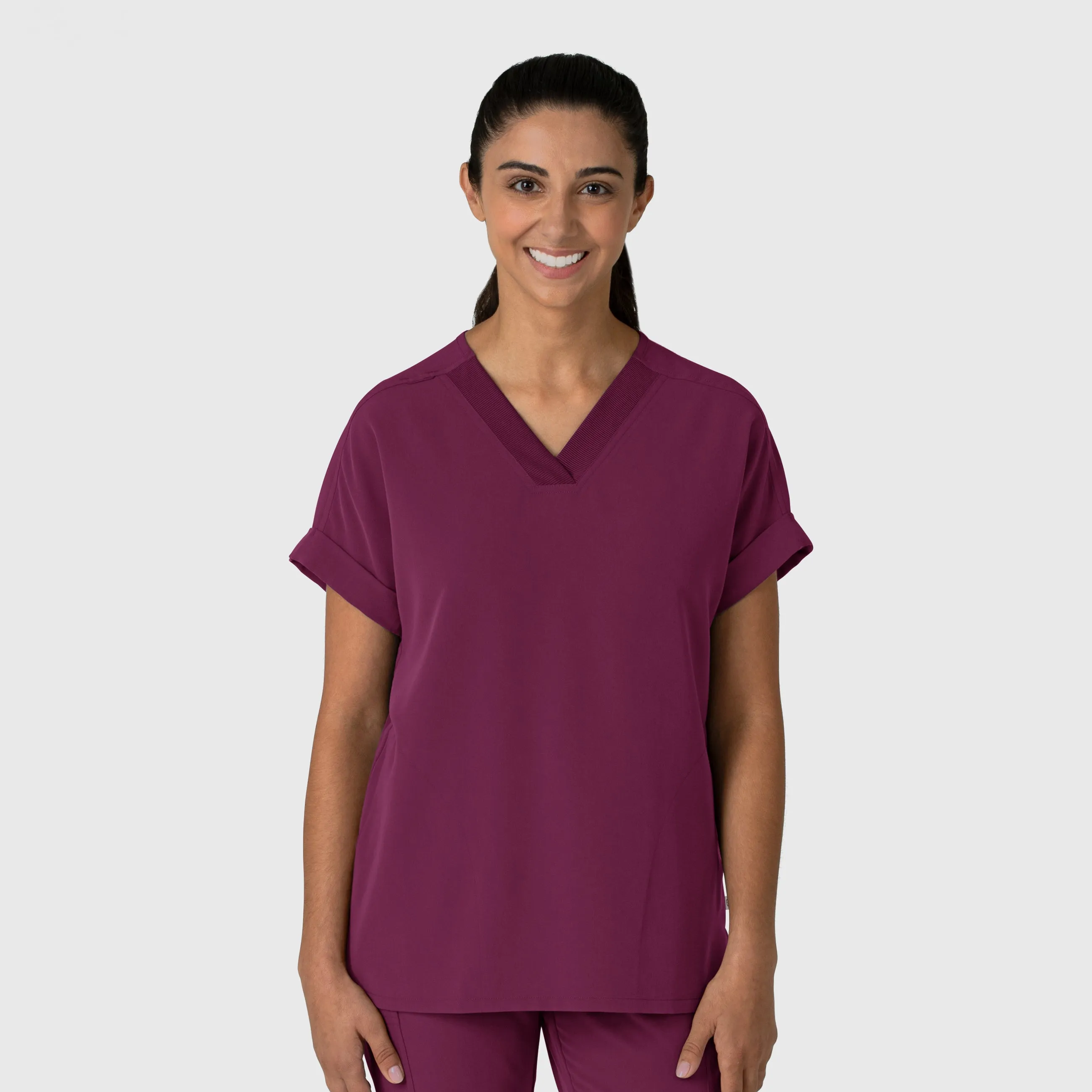 Anti Static Treatment Quick Dry Fabric Nova Women's Drop Shoulder Boxy Scrub Top - Wine